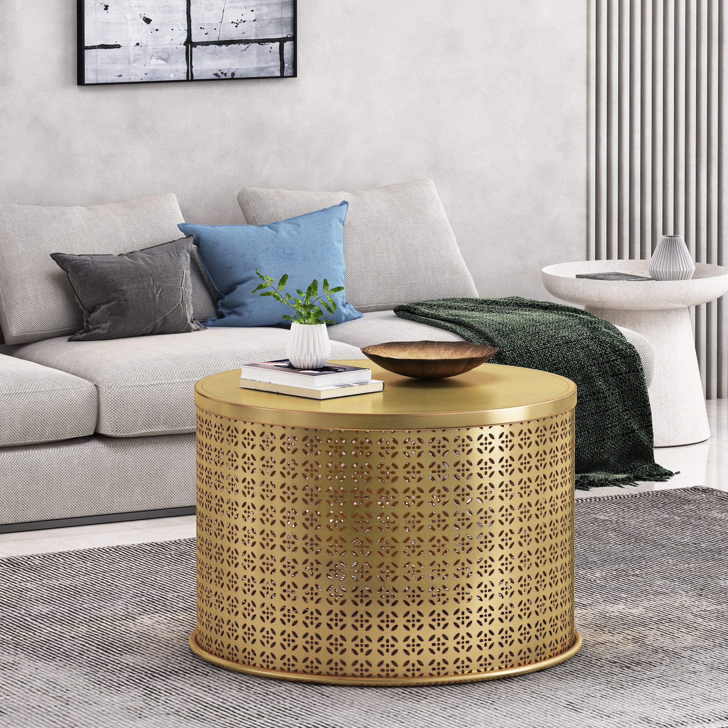 Arrastra Boho Lace Cut Iron Coffee Table, Gold Brushed Brown - furnishings