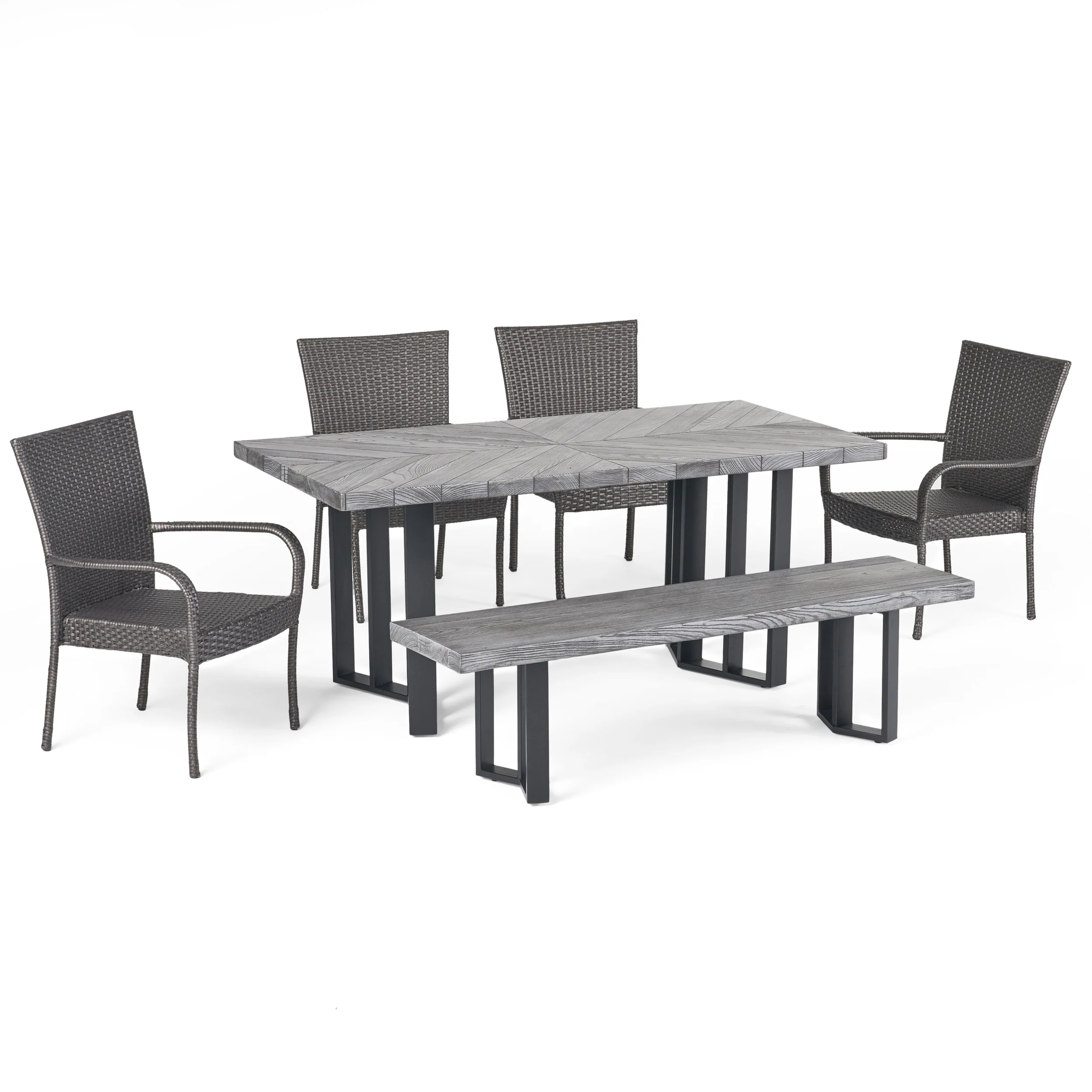 Fiona Outdoor 6 Piece Wicker Dining Set with Concrete Dining Table and Bench - furnishings