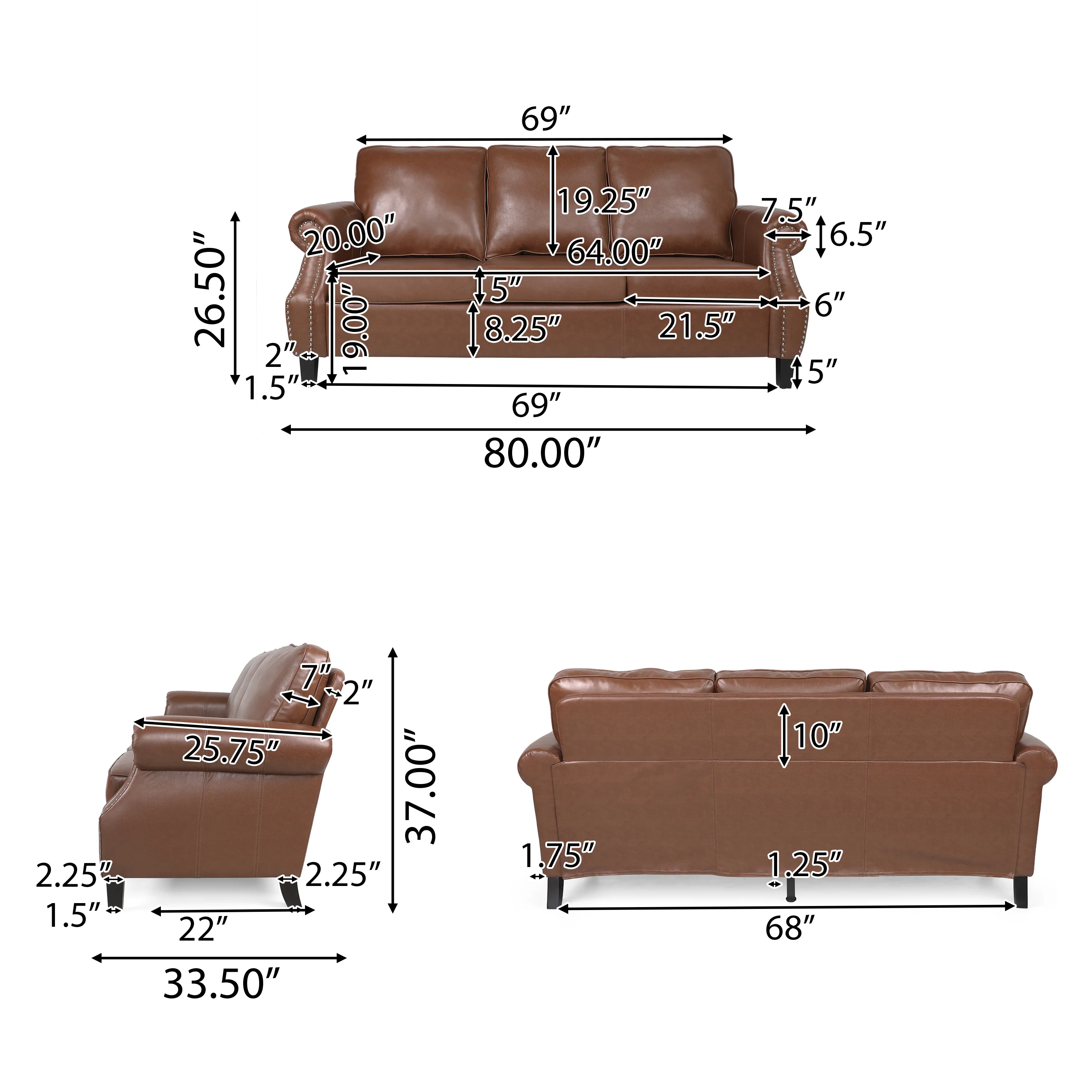 Burkehaven Contemporary Faux Leather 3 Seater Sofa with Nailhead Trim - furnishings