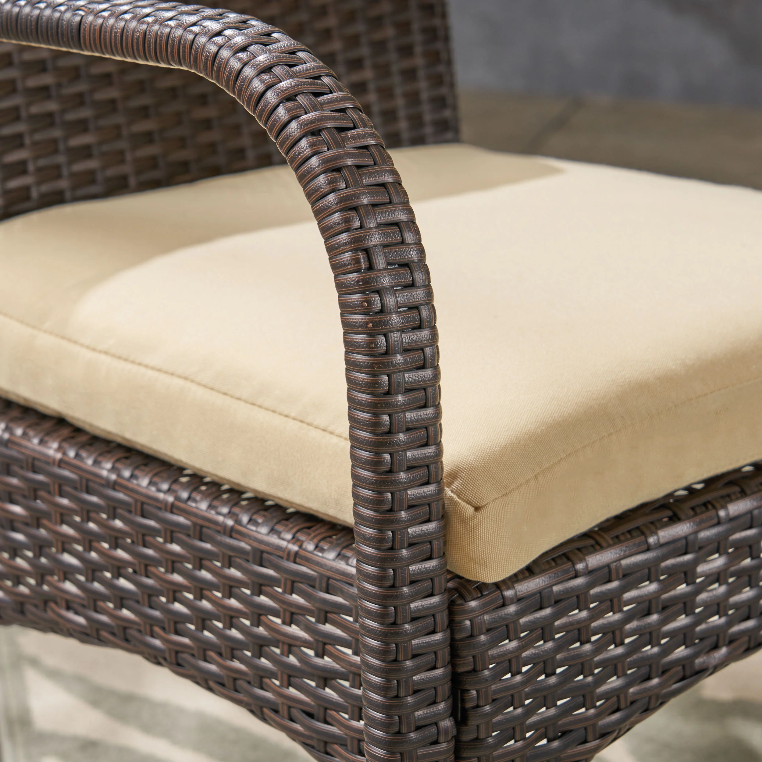 Ross Outdoor 6 Piece Dining Set with Stacking Wicker Chairs and Bench, Sandblast Teak and Black and Multi Brown - furnishings