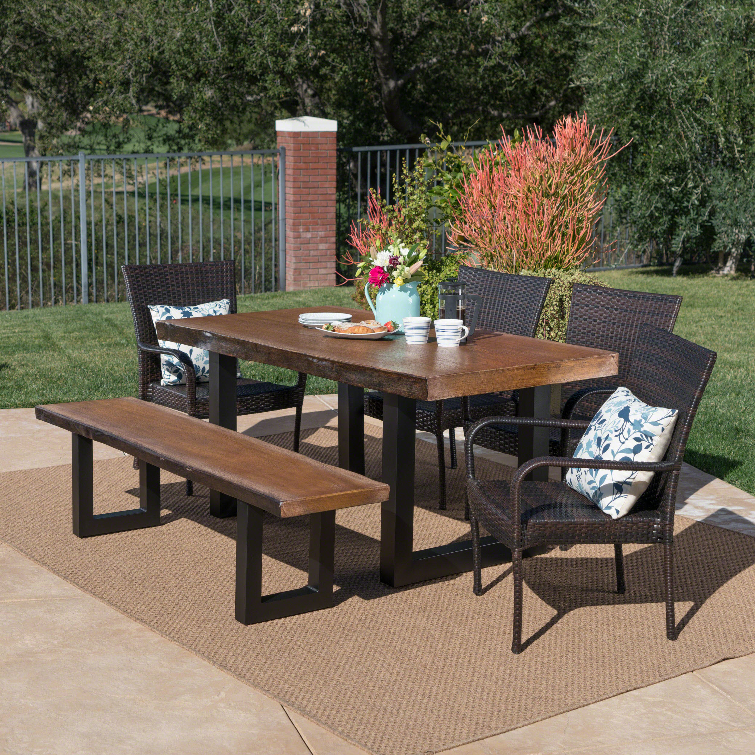 Danae Outdoor 6 Piece Wicker Dining Set with Concrete Table and Bench - furnishings