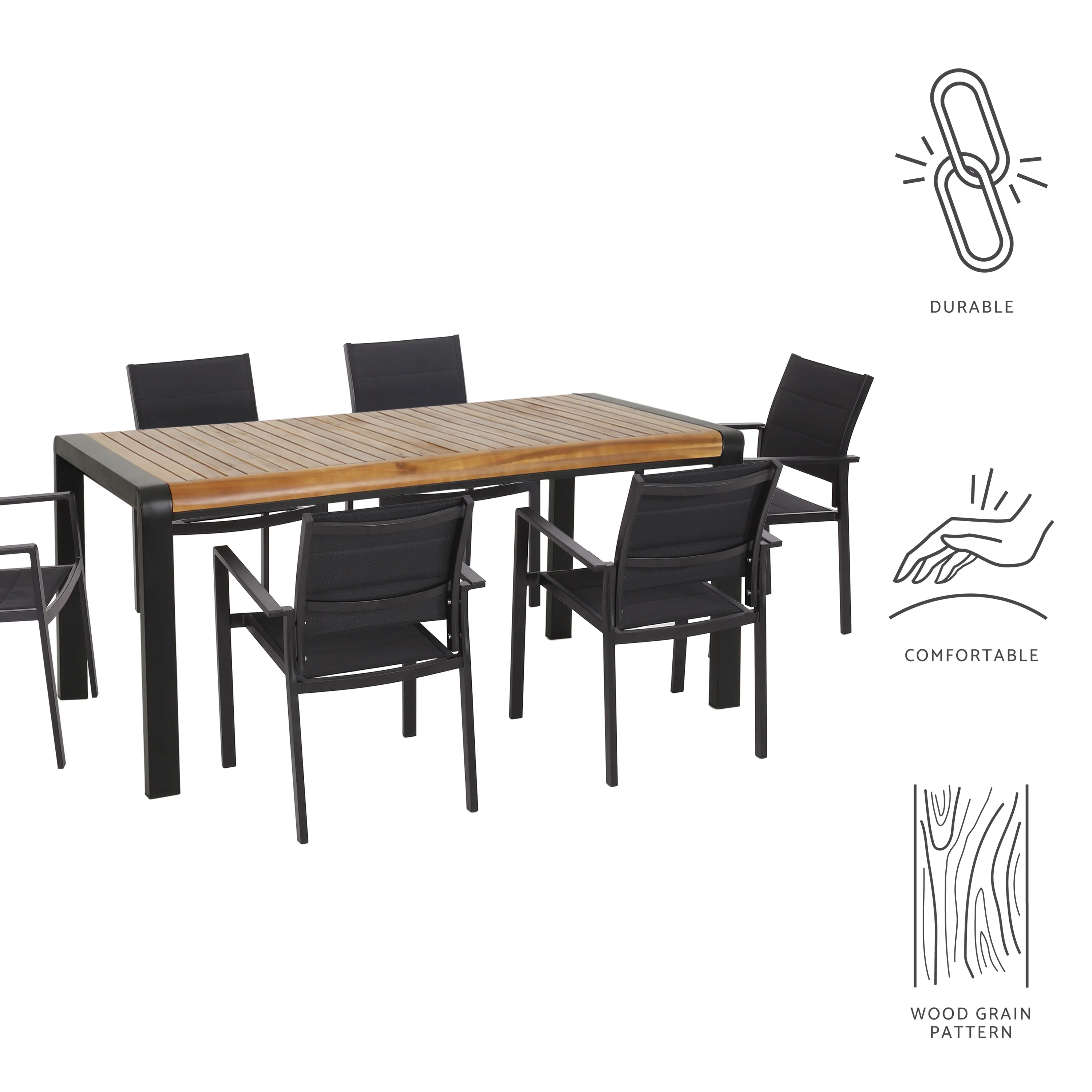 Roseland Outdoor Mesh and Acacia Wood 7 Piece Dining Set, Black and Teak - furnishings