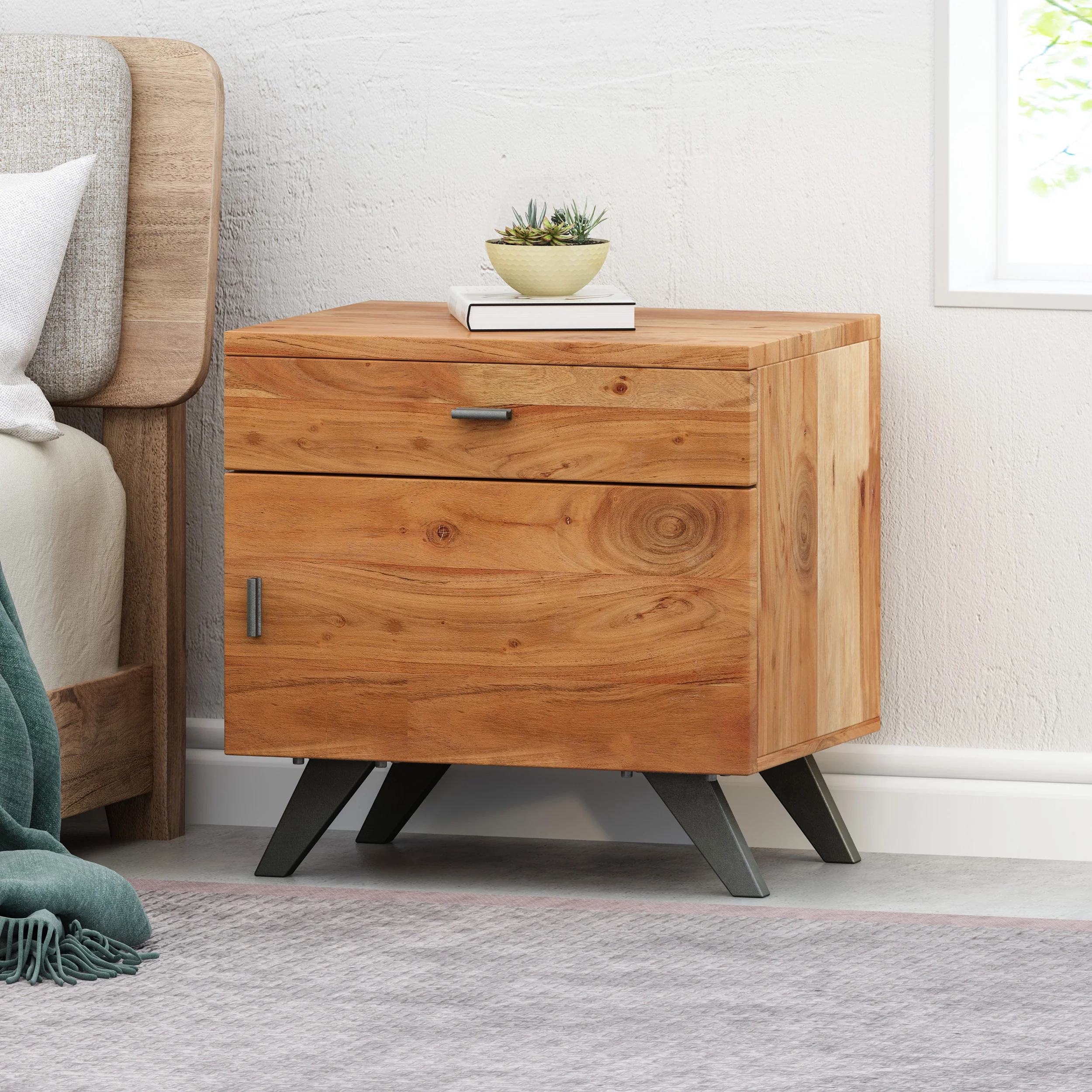 Leona Mid-Century Industrial Acacia Wood Side Table - furnishings