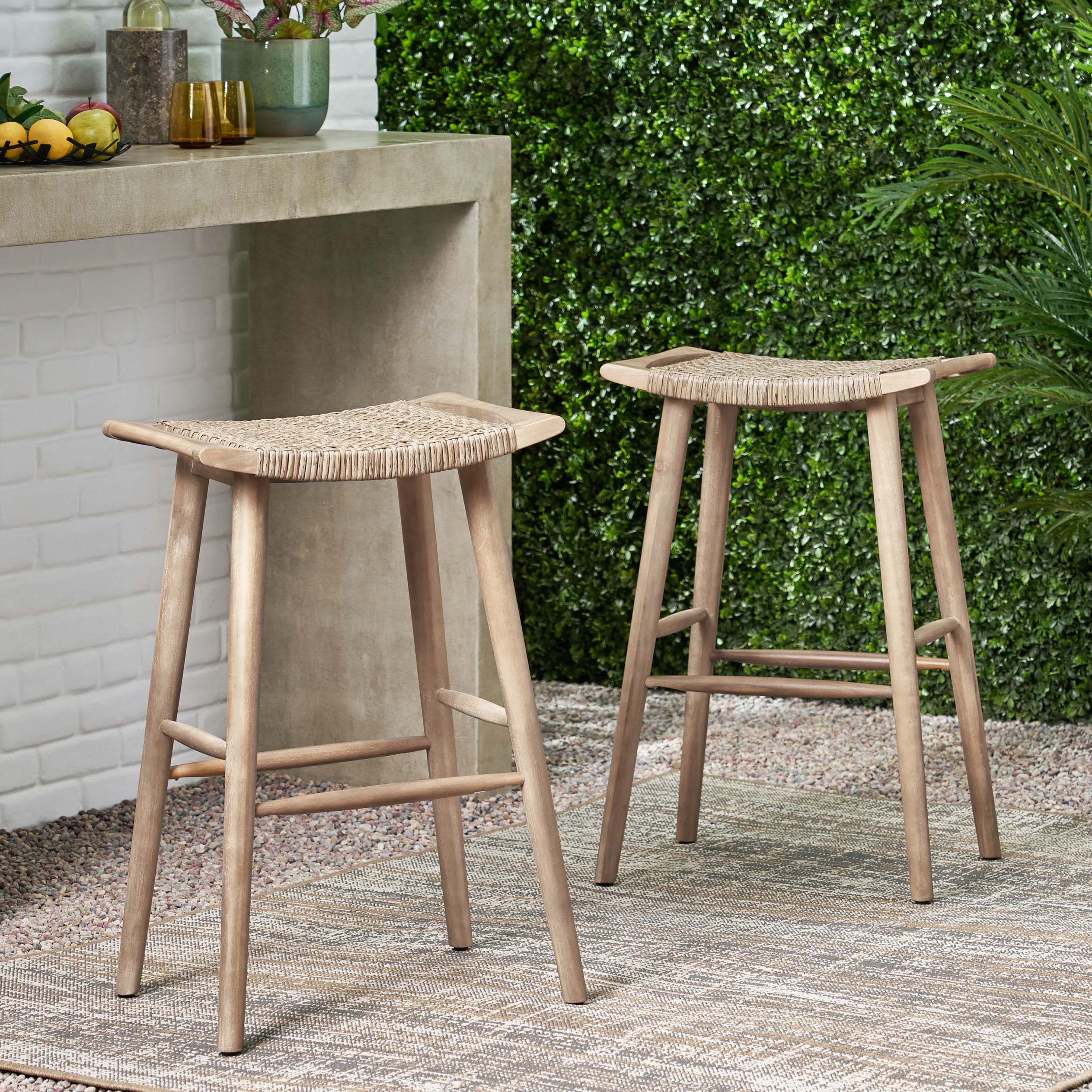Dade Pulaski Outdoor Acacia Wood Barstool with Wicker, Set of 2 - furnishings
