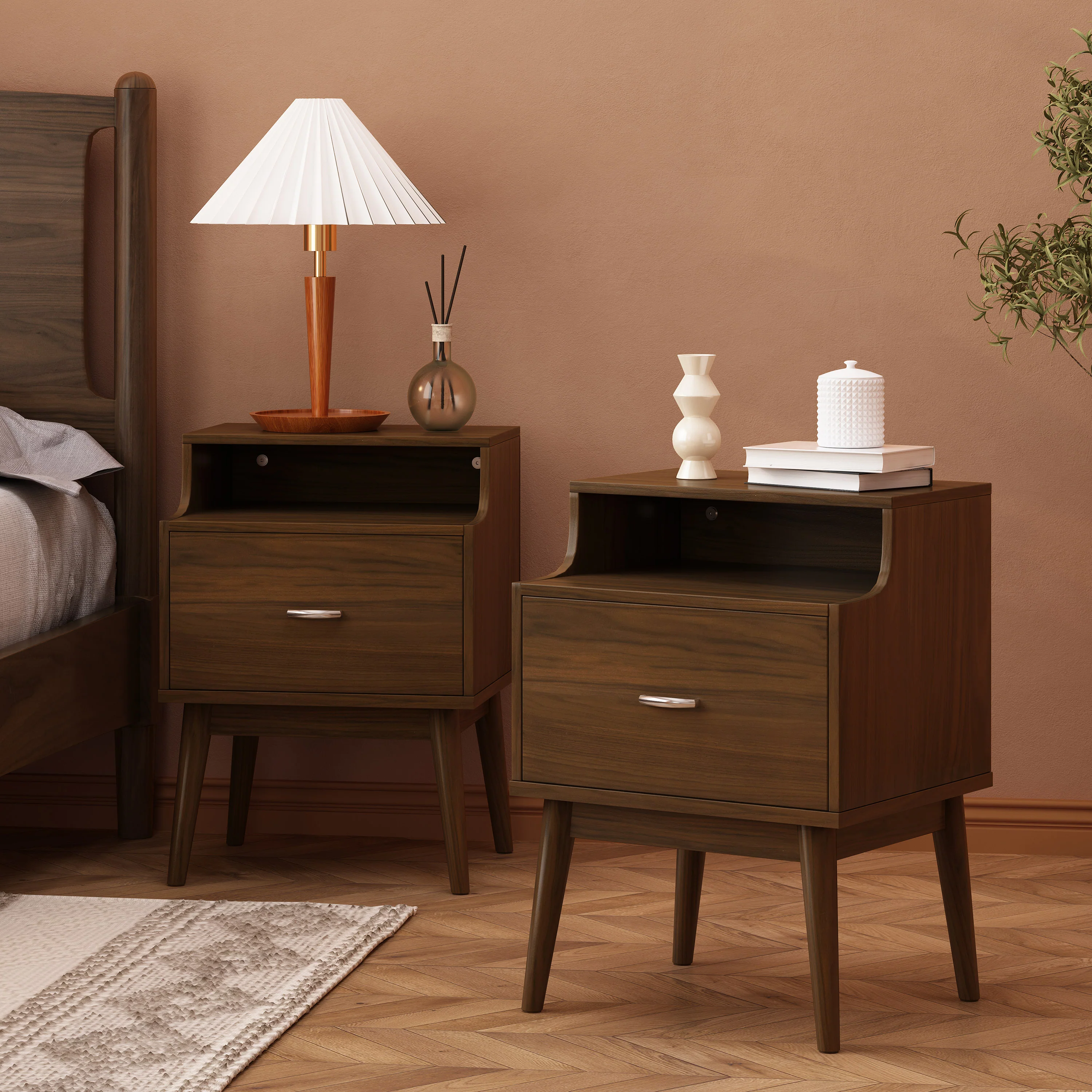 Wilbur Mid Century Wooden Nightstands with Hutch, Set of 2 - furnishings