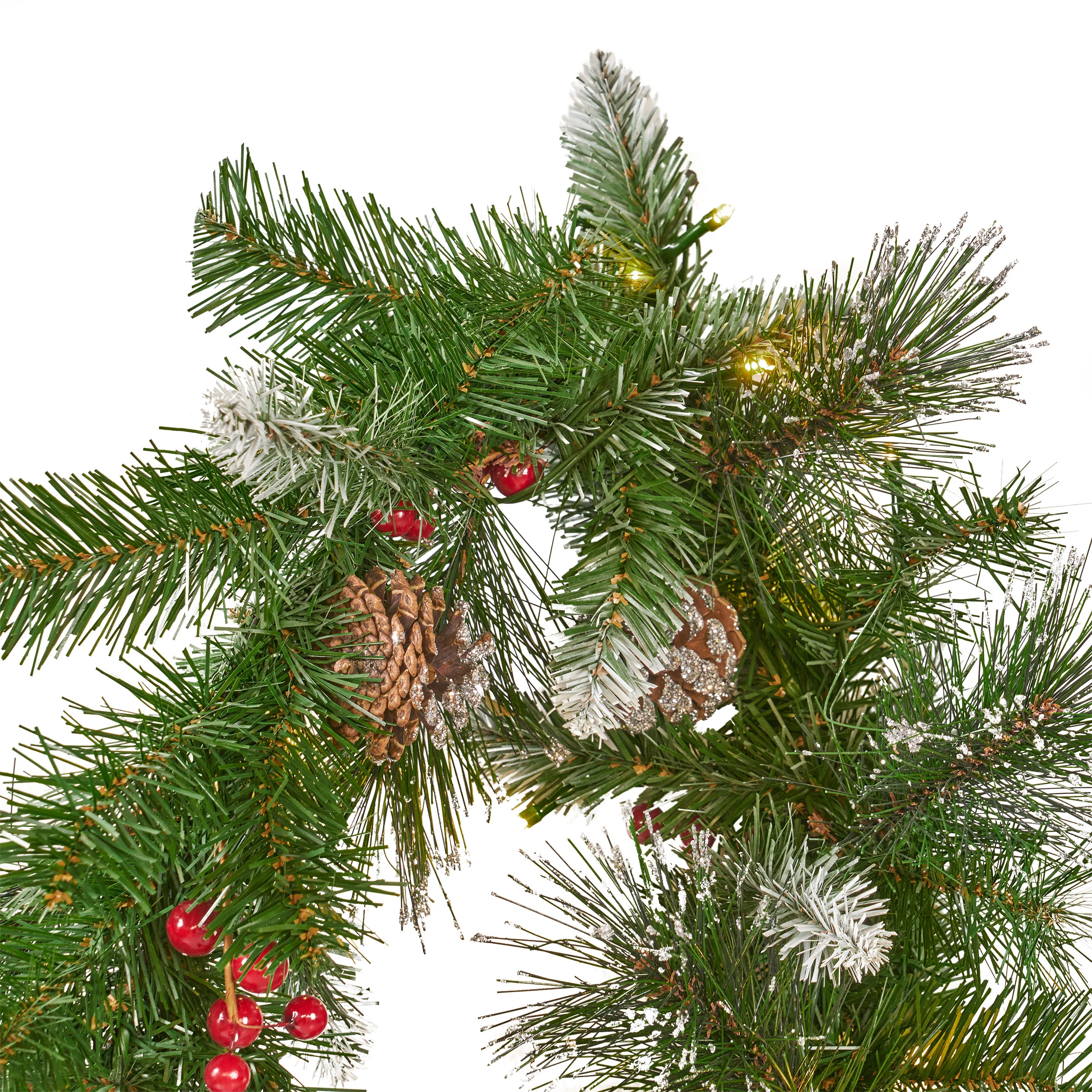9-foot Mixed Spruce Pre-Lit Warm White LED Artificial Christmas Garland with Glitter Branches, Red Berries and Pinecones - furnishings
