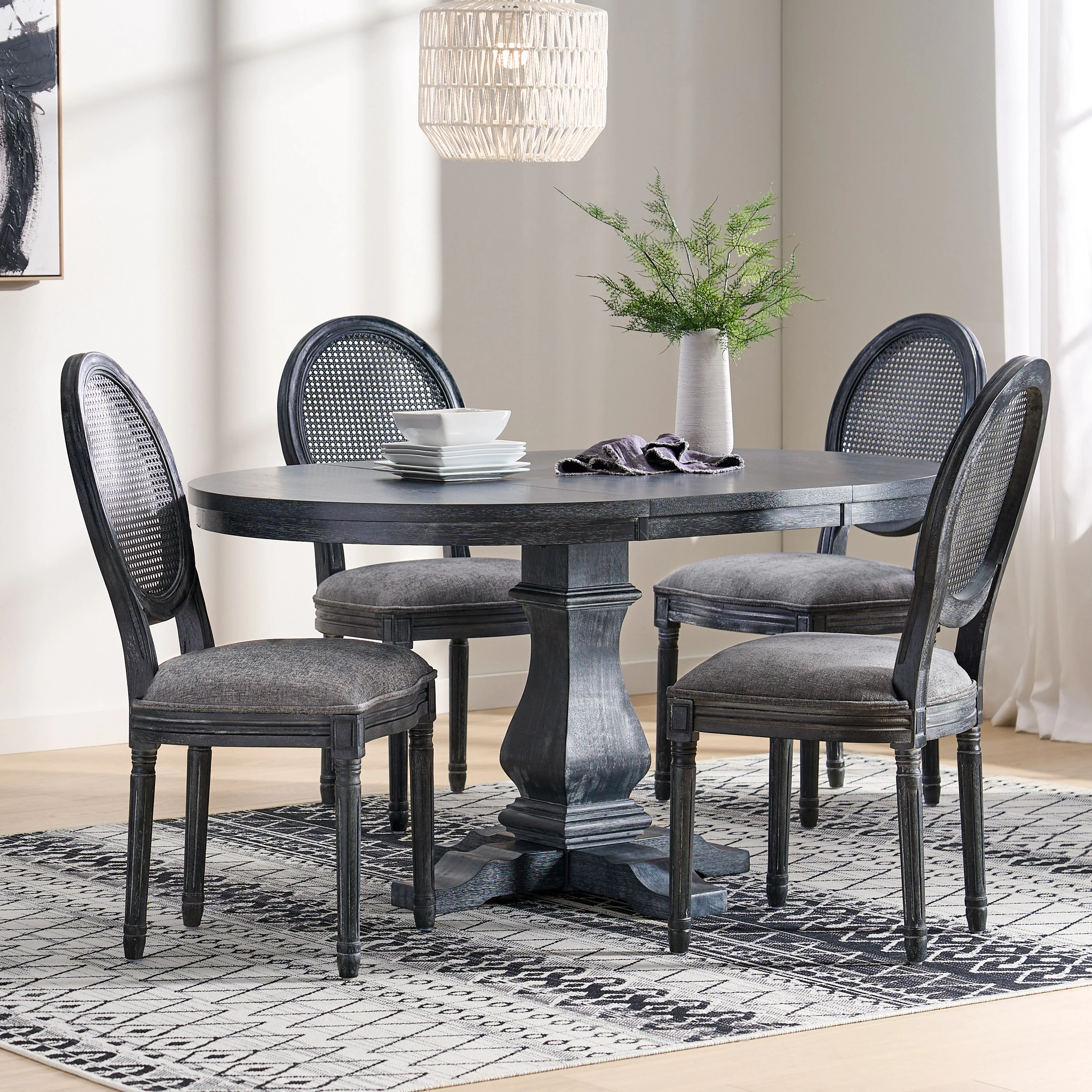 Lintz French Country Wood and Cane 5-Piece Expandable Oval Dining Set - furnishings