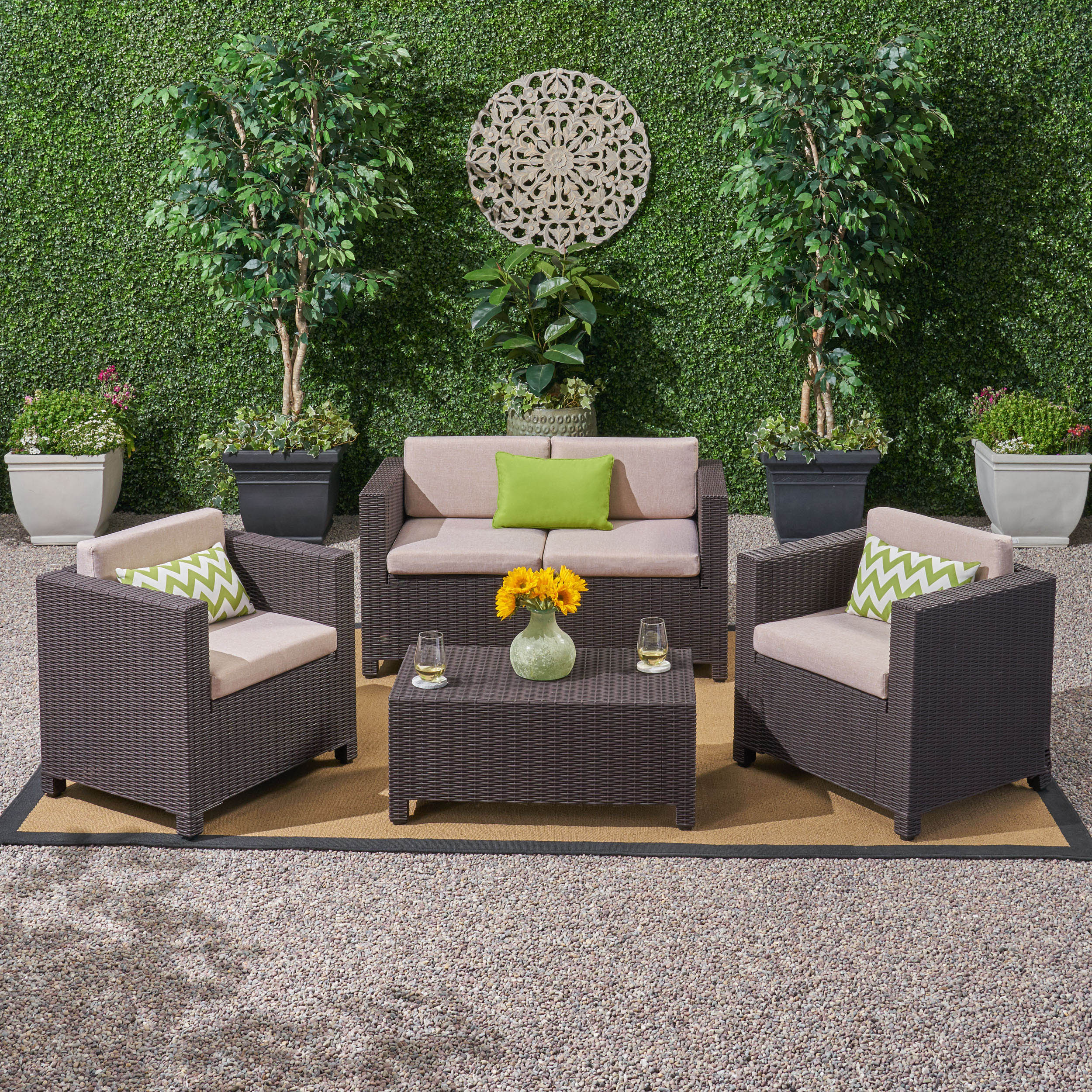 Riley Outdoor All Weather Faux Wicker 4 Seater Chat Set with Cushions - furnishings