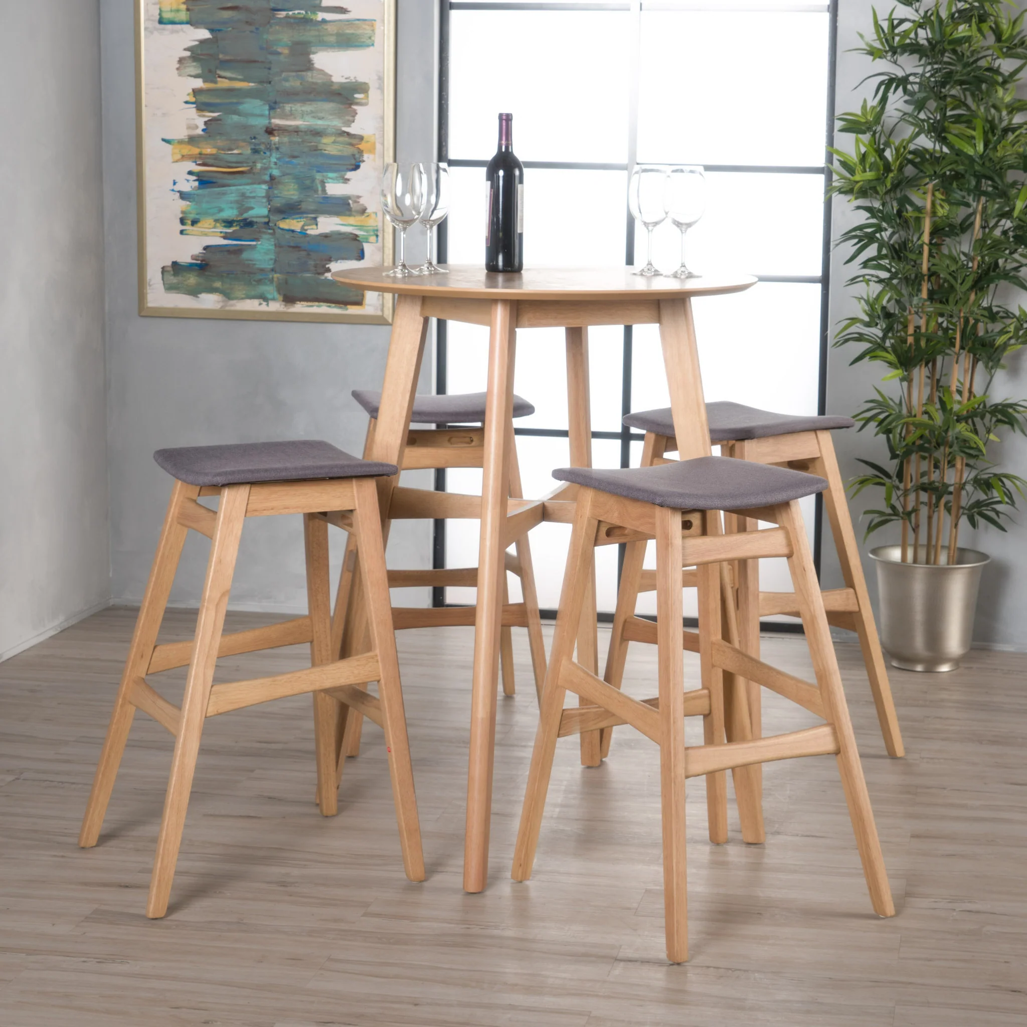 Simi Natural Oak Finish Circular 5 Piece Bar Height Dining Set - furnishings