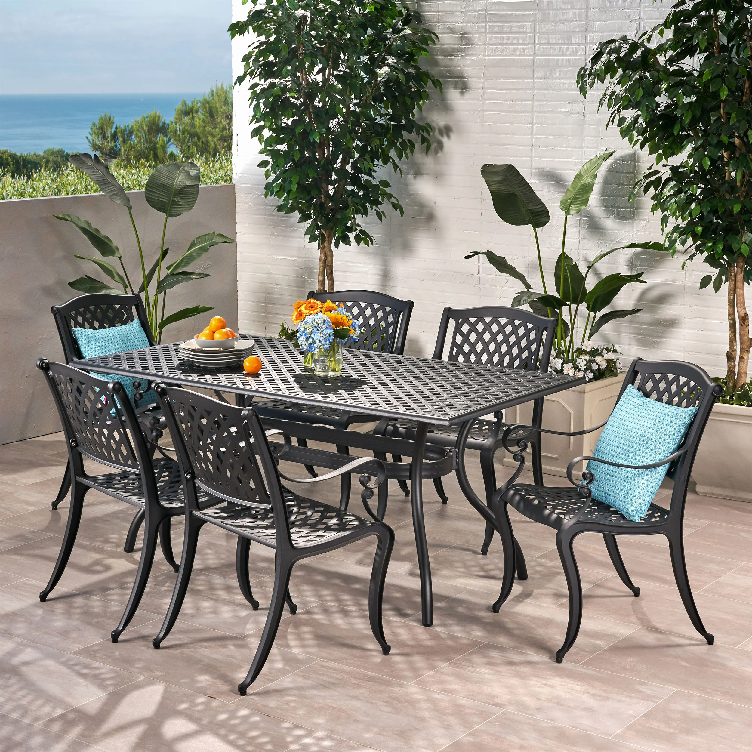 Marietta 7-piece Black Cast Aluminum Outdoor Dining Set - furnishings