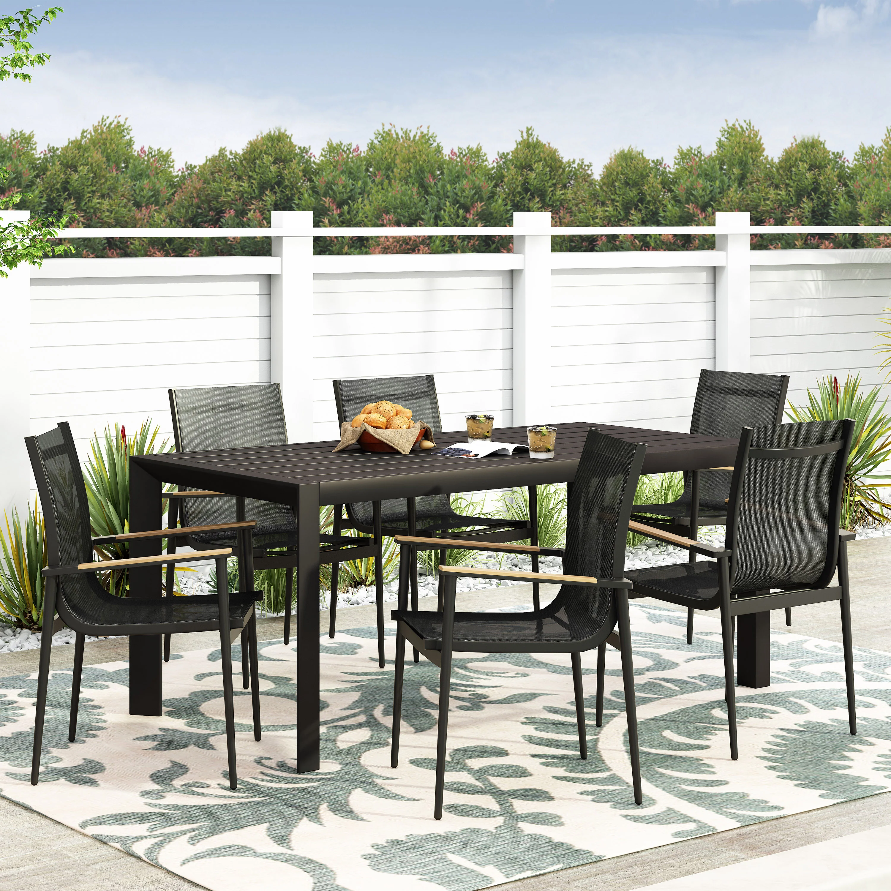 Kairo Outdoor Mesh and Aluminum 7 Piece Dining Set, Black - furnishings