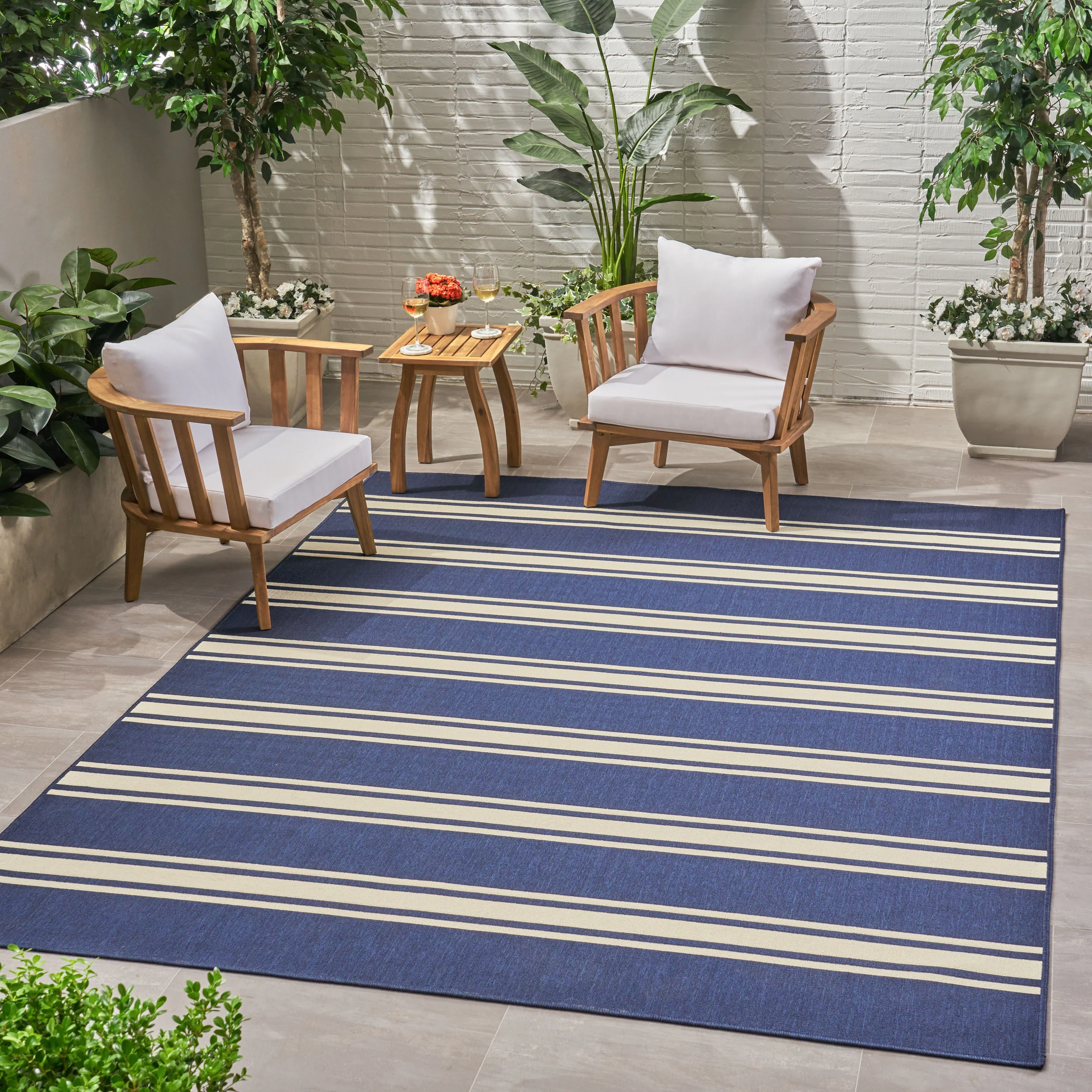Julia Outdoor Stripe Area Rug, Navy and Ivory - furnishings
