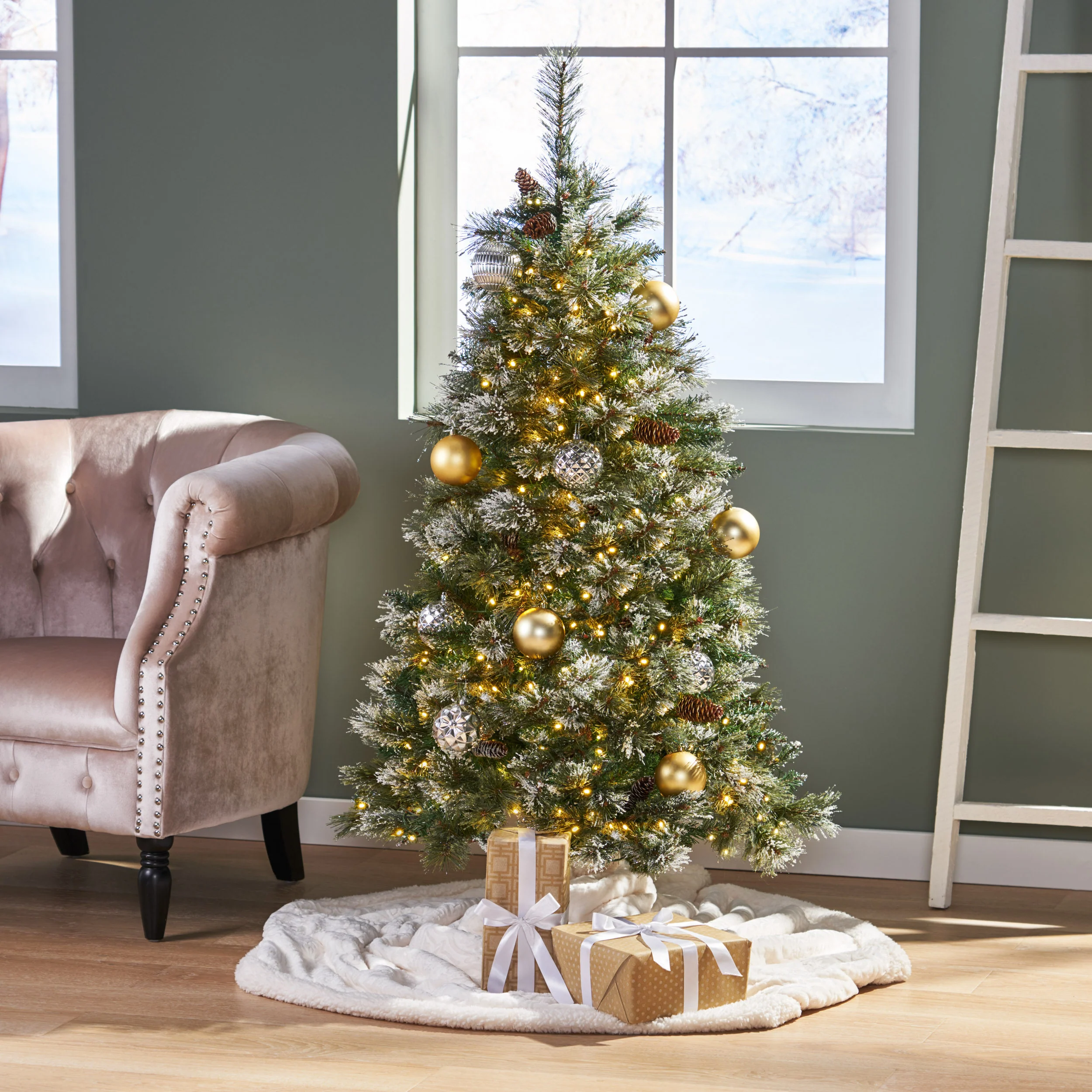 4.5-foot Cashmere Pine and Mixed Needles Pre-Lit Clear LED Hinged Artificial Christmas Tree with Snow and Glitter Branches and Frosted Pinecones - furnishings