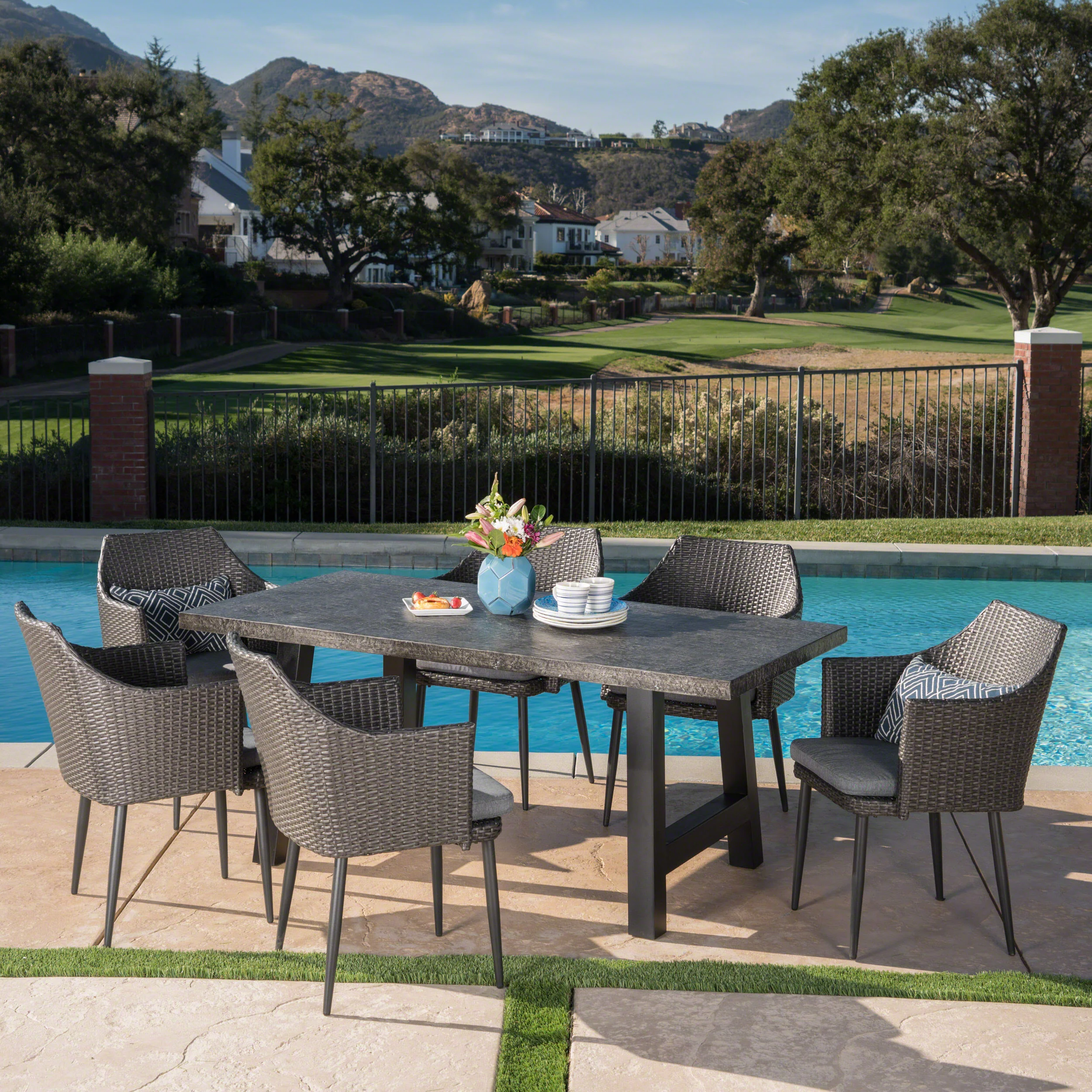 Noah Outdoor 7 Piece Wicker Dining Set with Light Weight Concrete Dining Table - furnishings