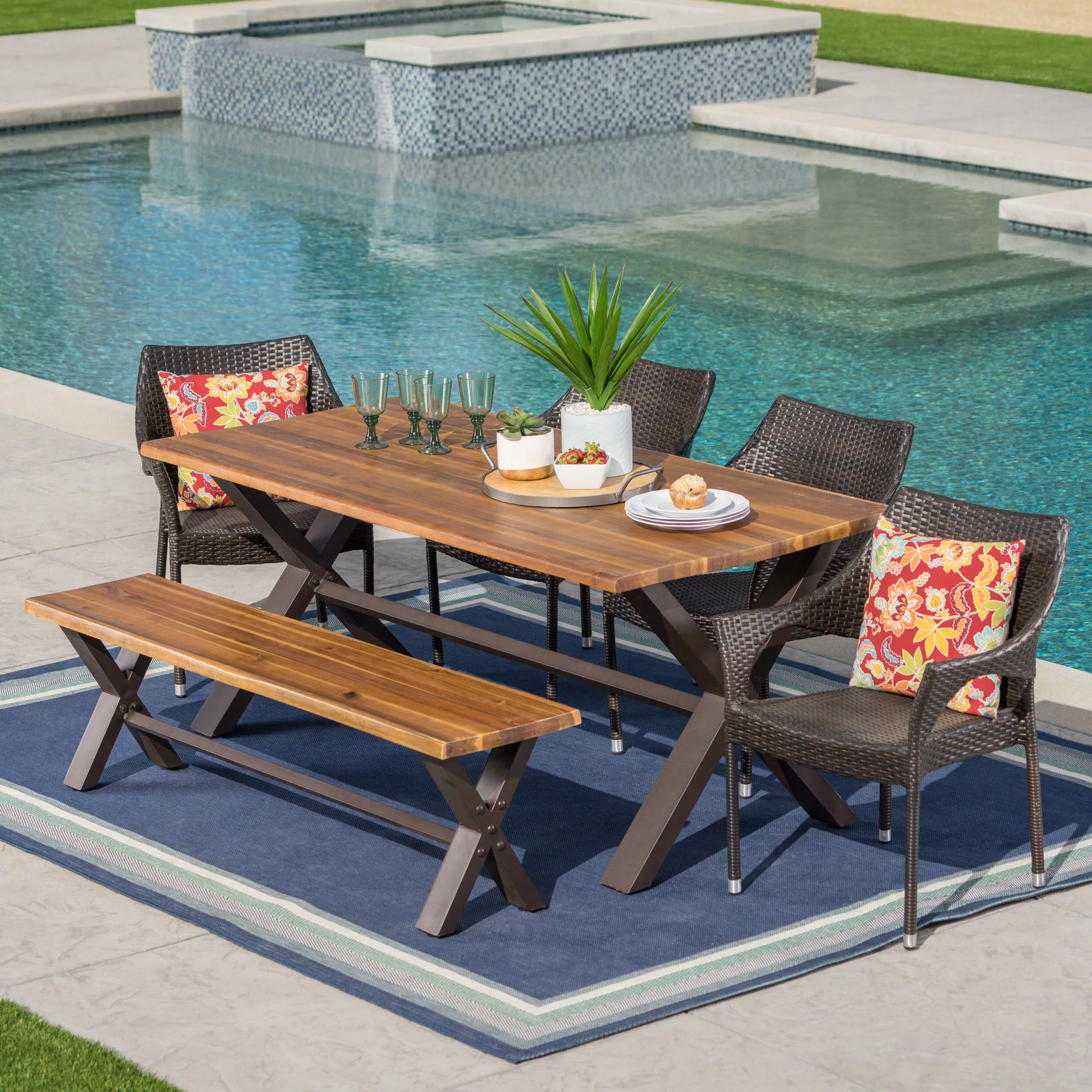 Lakeside Outdoor 6 Piece Acacia Wood Dining Set with Wicker Stacking Chairs - furnishings