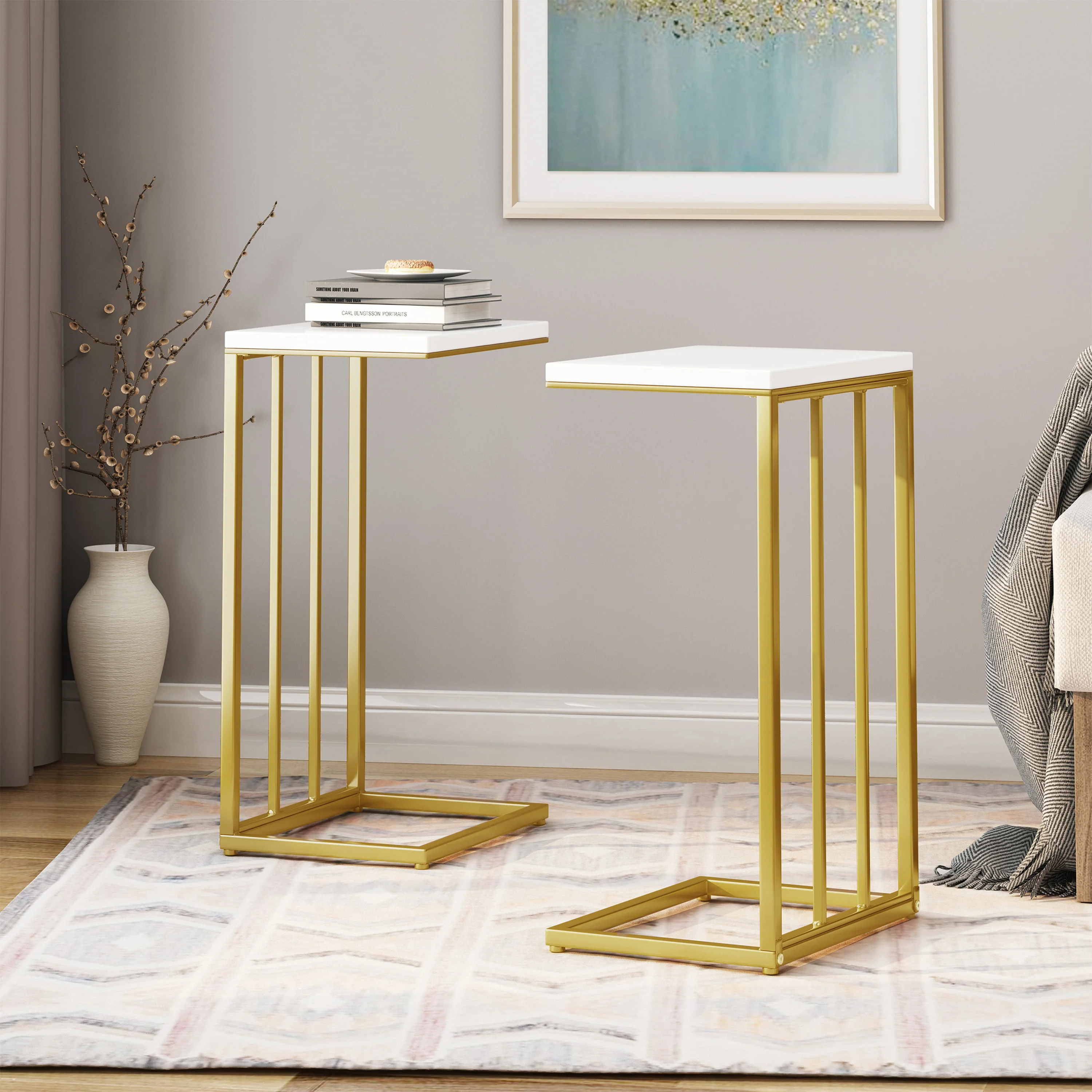 Baywinds Modern Glam C Side Table, Set of 2, White and Champagne Gold - furnishings