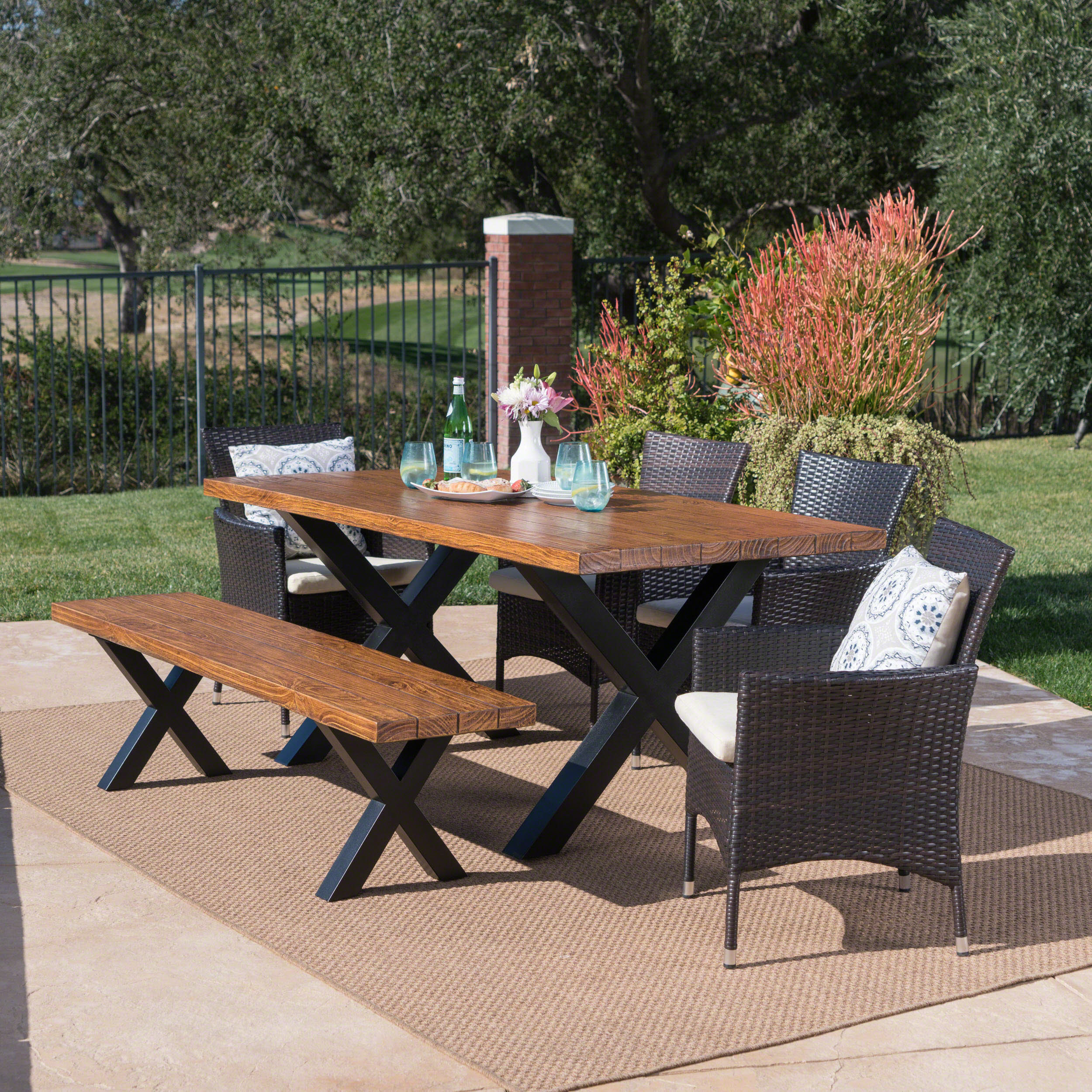 Nazareno Outdoor 6 Piece Wicker Dining Set with Concrete Table and Bench - furnishings