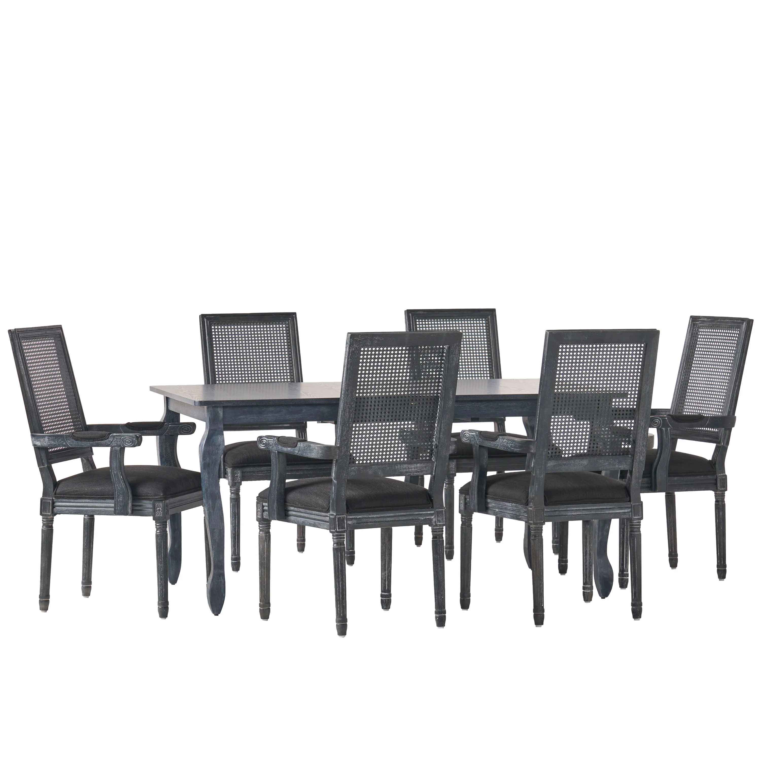 Regan French Country Fabric Upholstered Wood and Cane Expandable 7 Piece Dining Set - furnishings