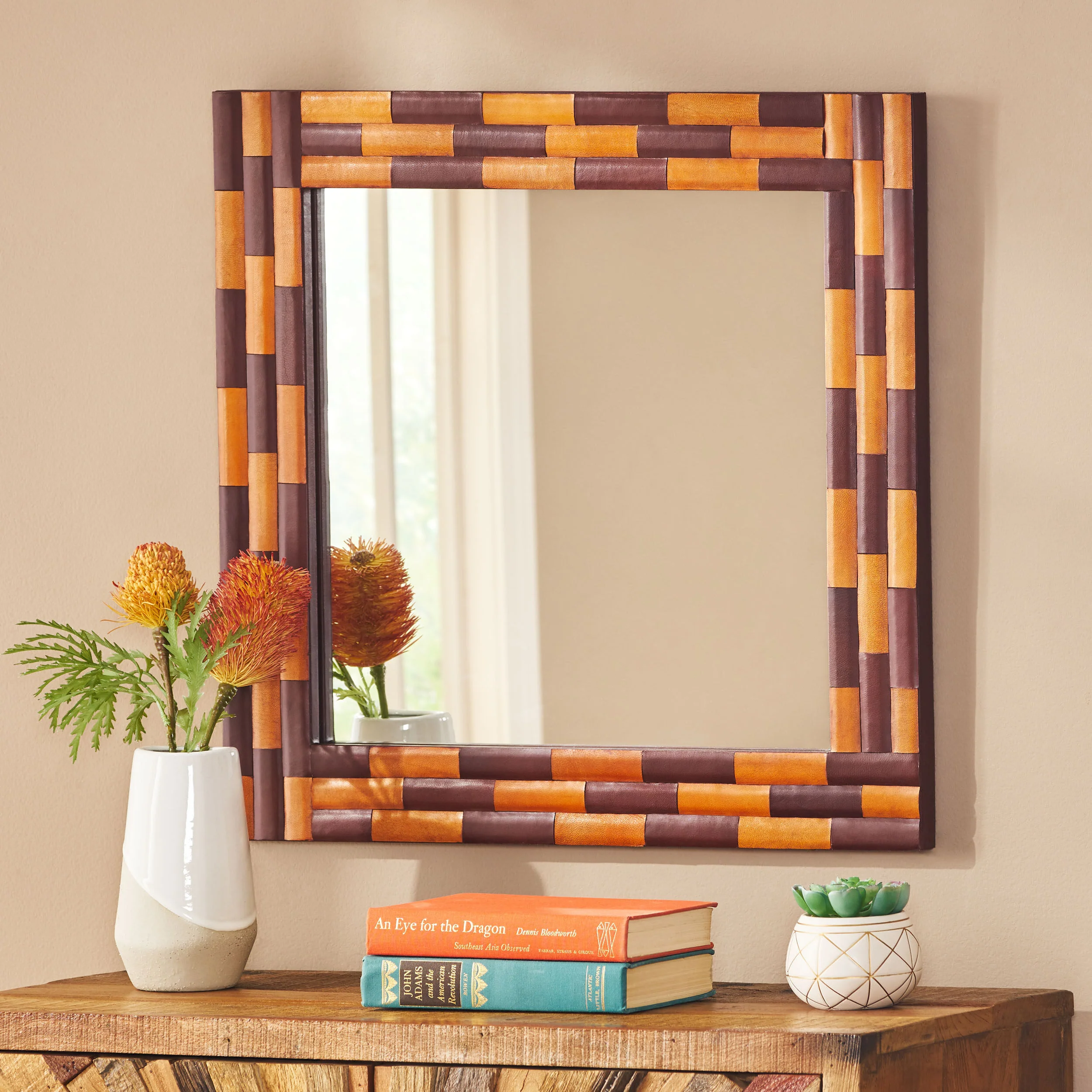 Connesena Handcrafted Boho Leather Square Wall Mirror - furnishings
