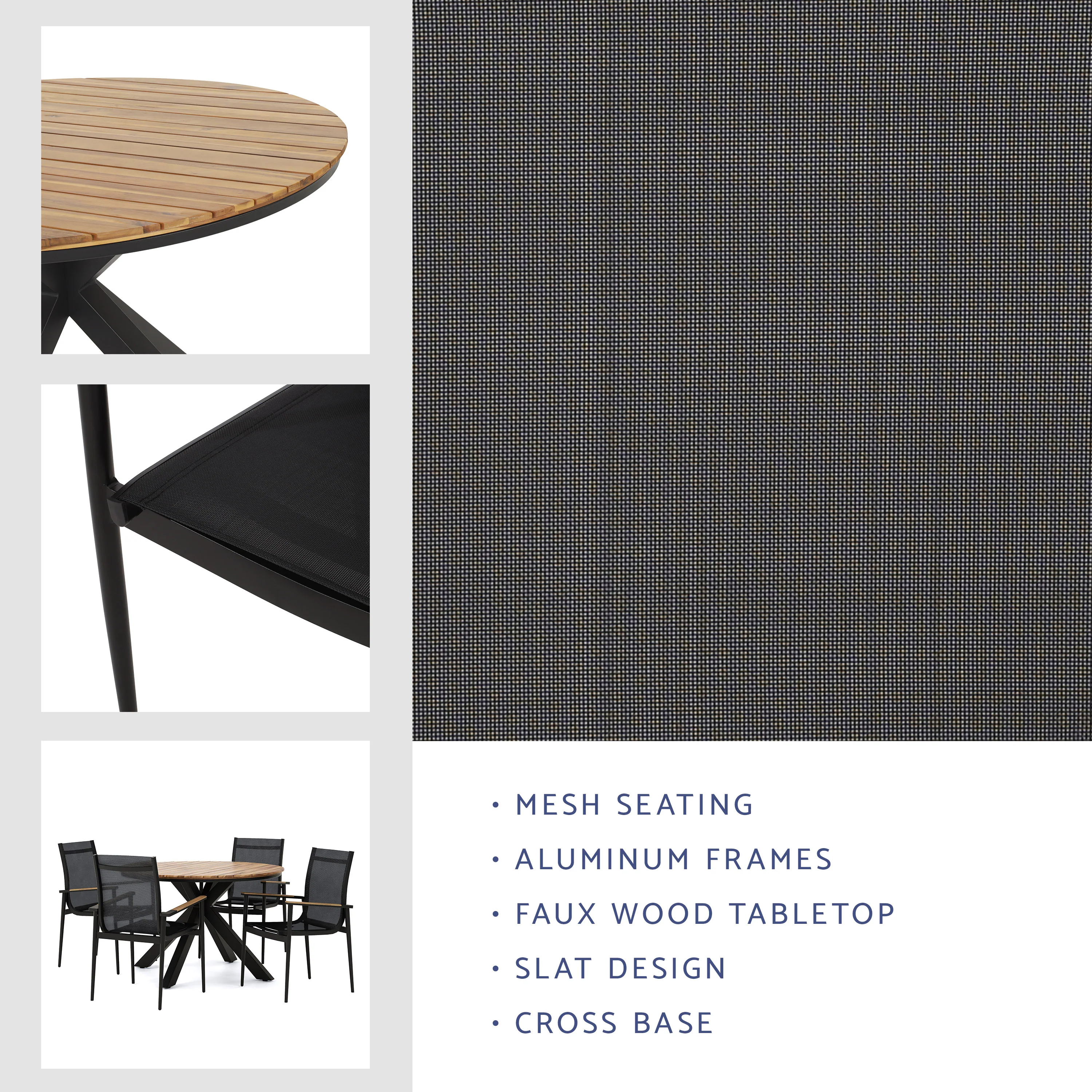 Norcrest Outdoor Mesh and Acacia Wood 5 Piece Dining Set, Black and Teak - furnishings