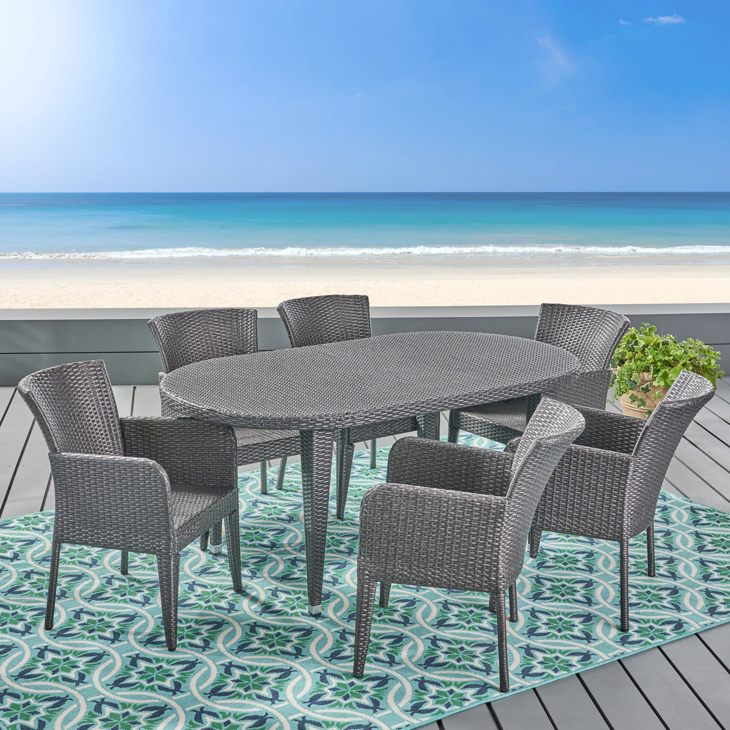 Haywood Outdoor 7 Piece Wicker Dining Set, Grey - furnishings