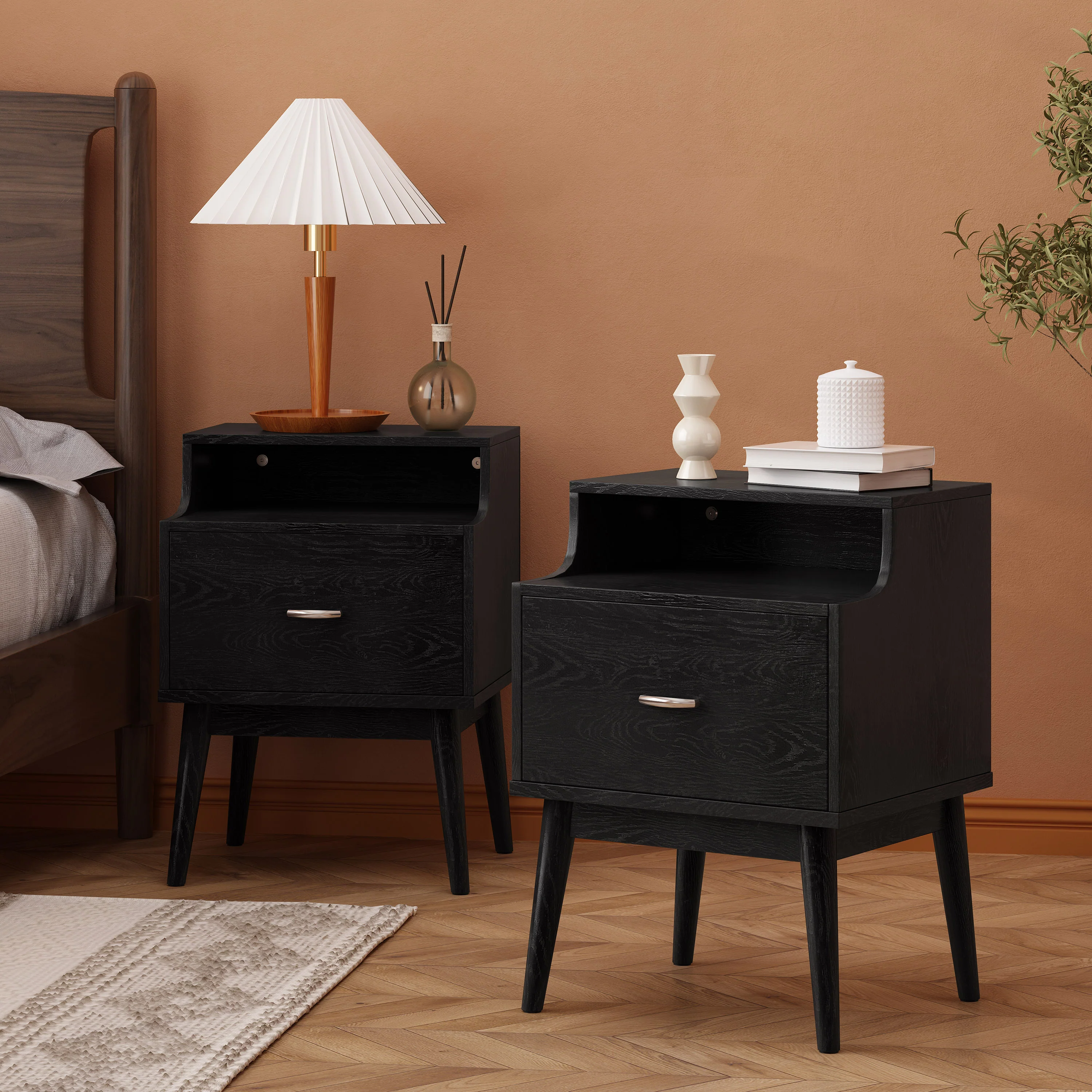 Wilbur Mid Century Wooden Nightstands with Hutch, Set of 2 - furnishings