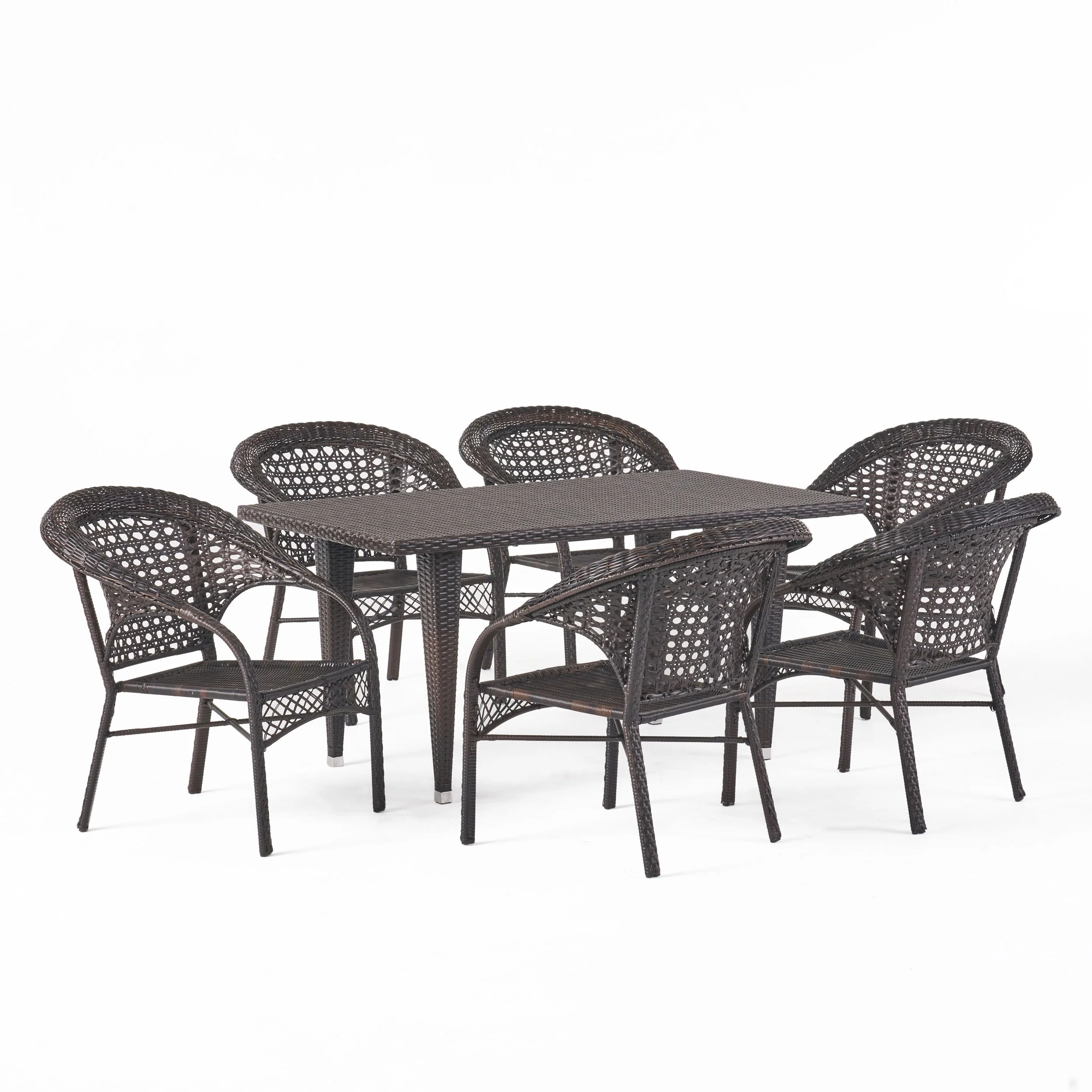Louisiana Outdoor 7-Piece Brown Wicker Dining Set with Stackable Chairs - furnishings