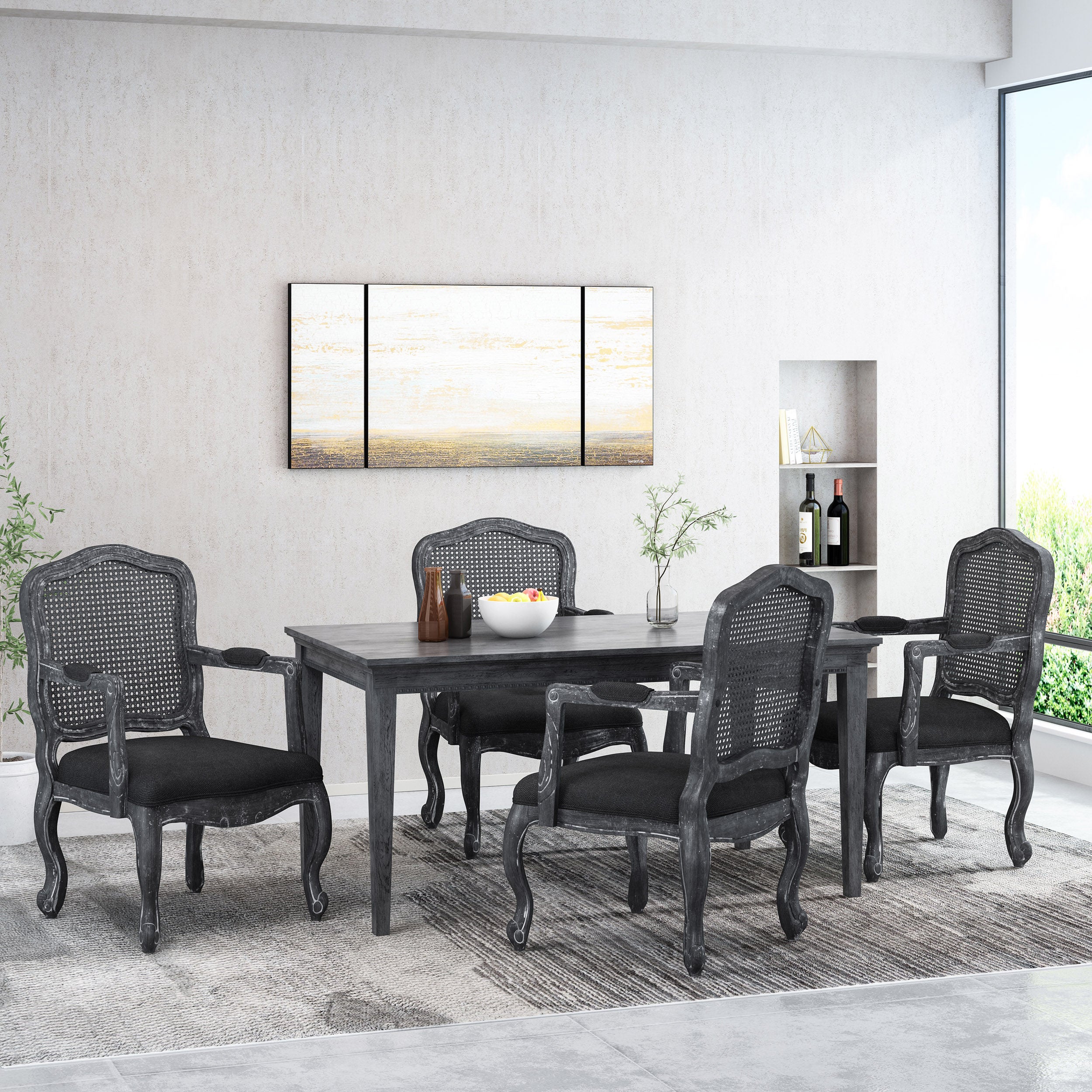 Biorn French Country Wood and Cane Upholstered Dining Armchair - furnishings