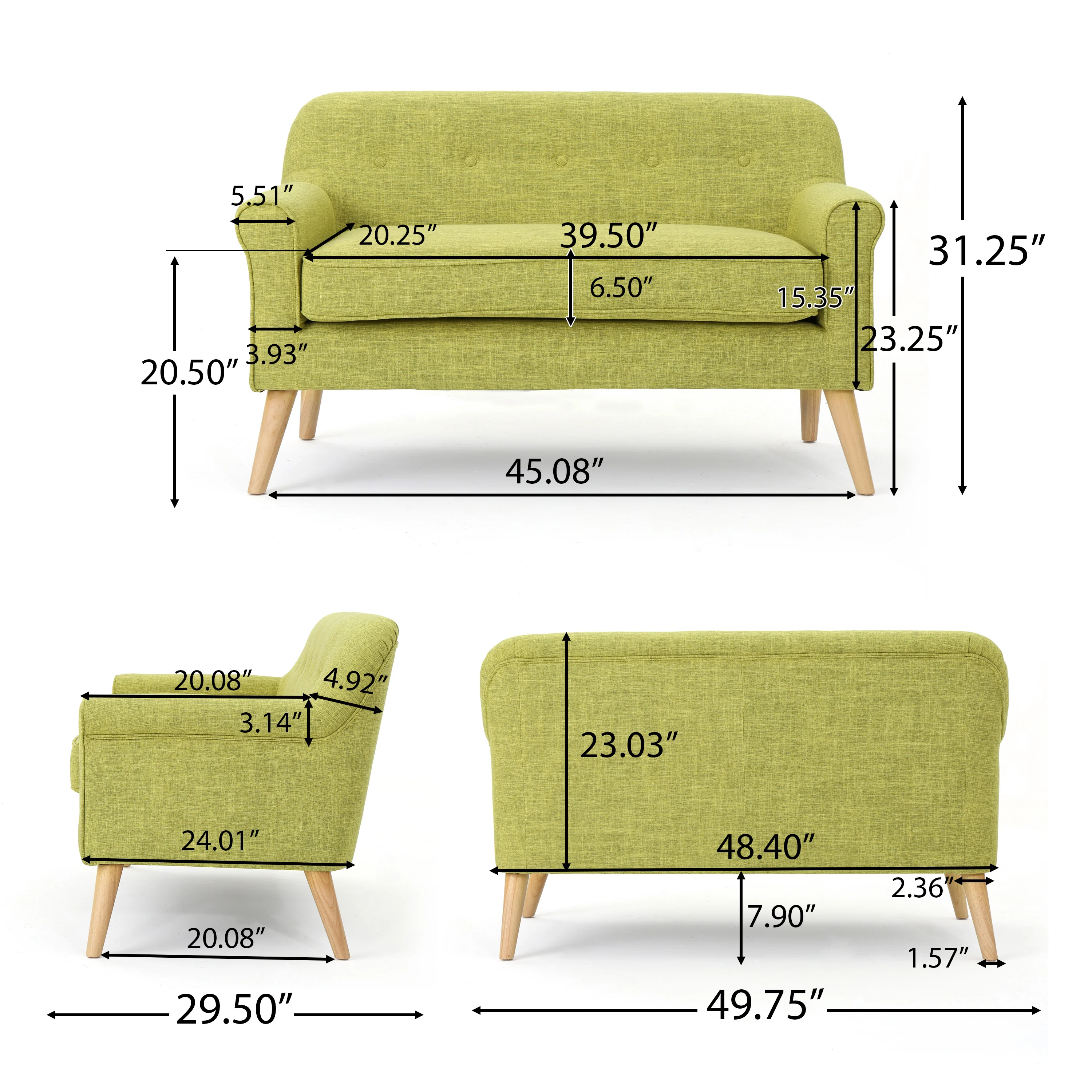 Mia Mid-Century Modern Button Tufted Fabric Upholstered Loveseat w/ Tapered Legs - furnishings