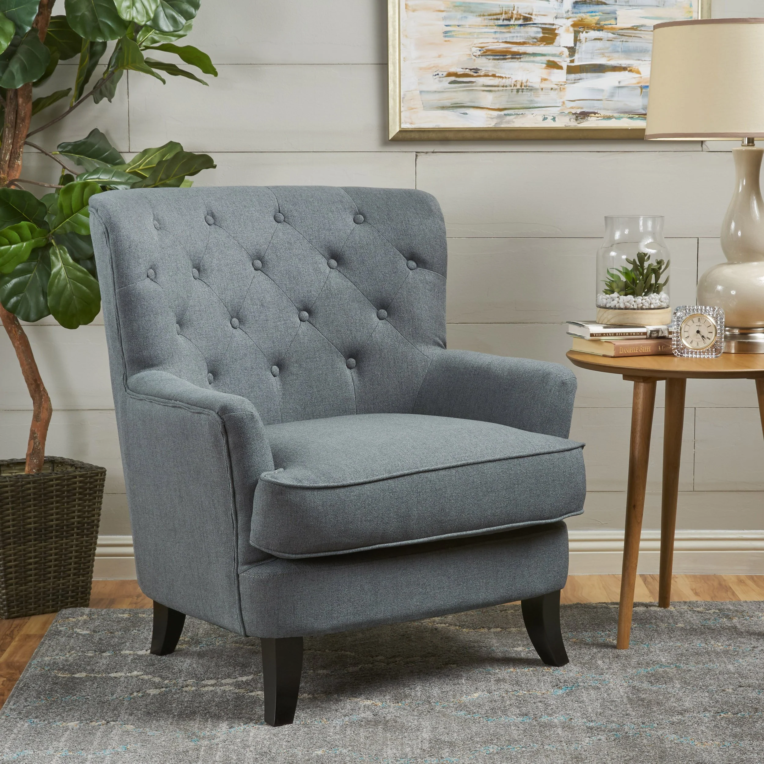 Annelia Contemporary Button Tufted Upholstered Fabric Club chair w/ Piped Edges - furnishings