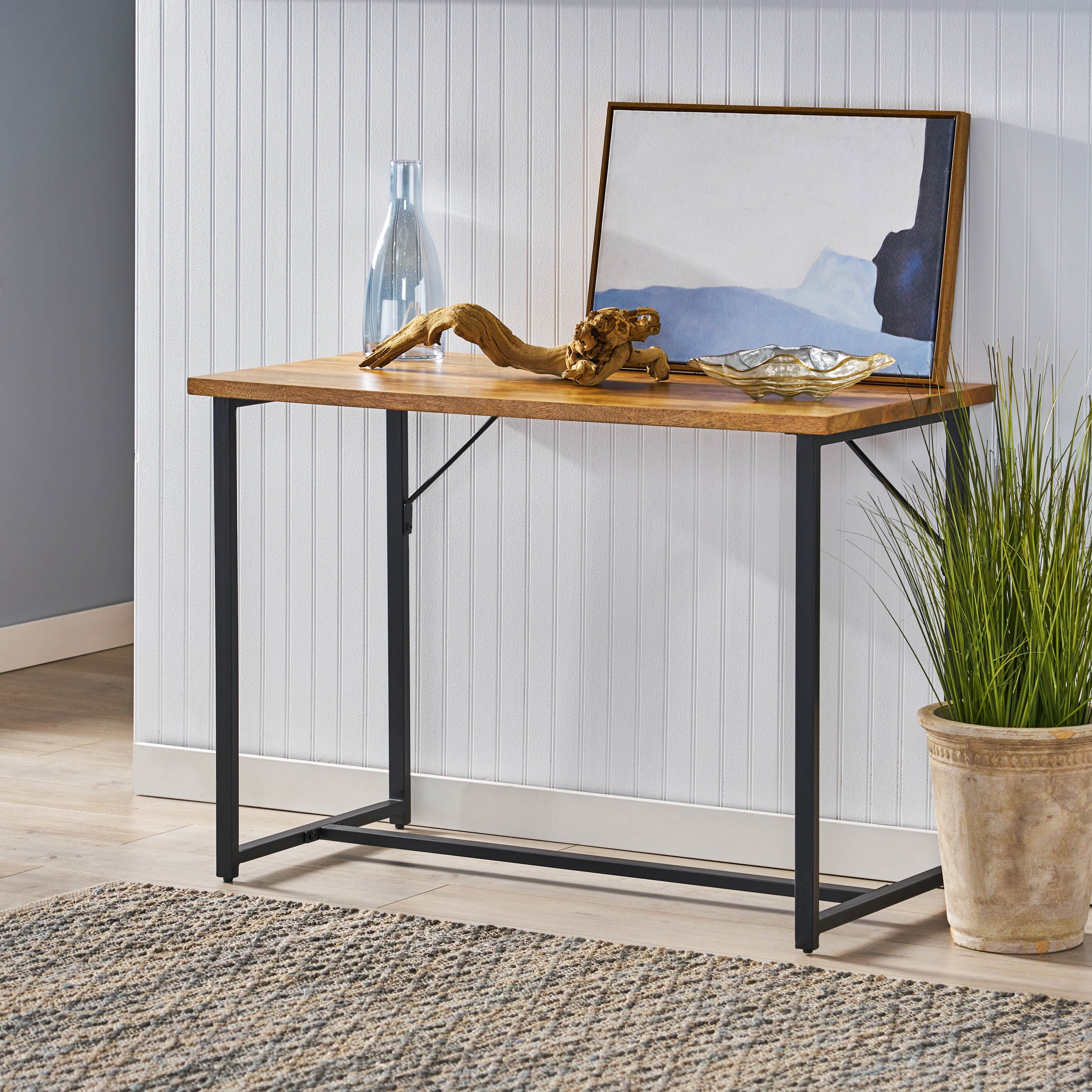 Addyston Modern Industrial Handmade Mango Wood Console Table, Honey Brown and Black - furnishings