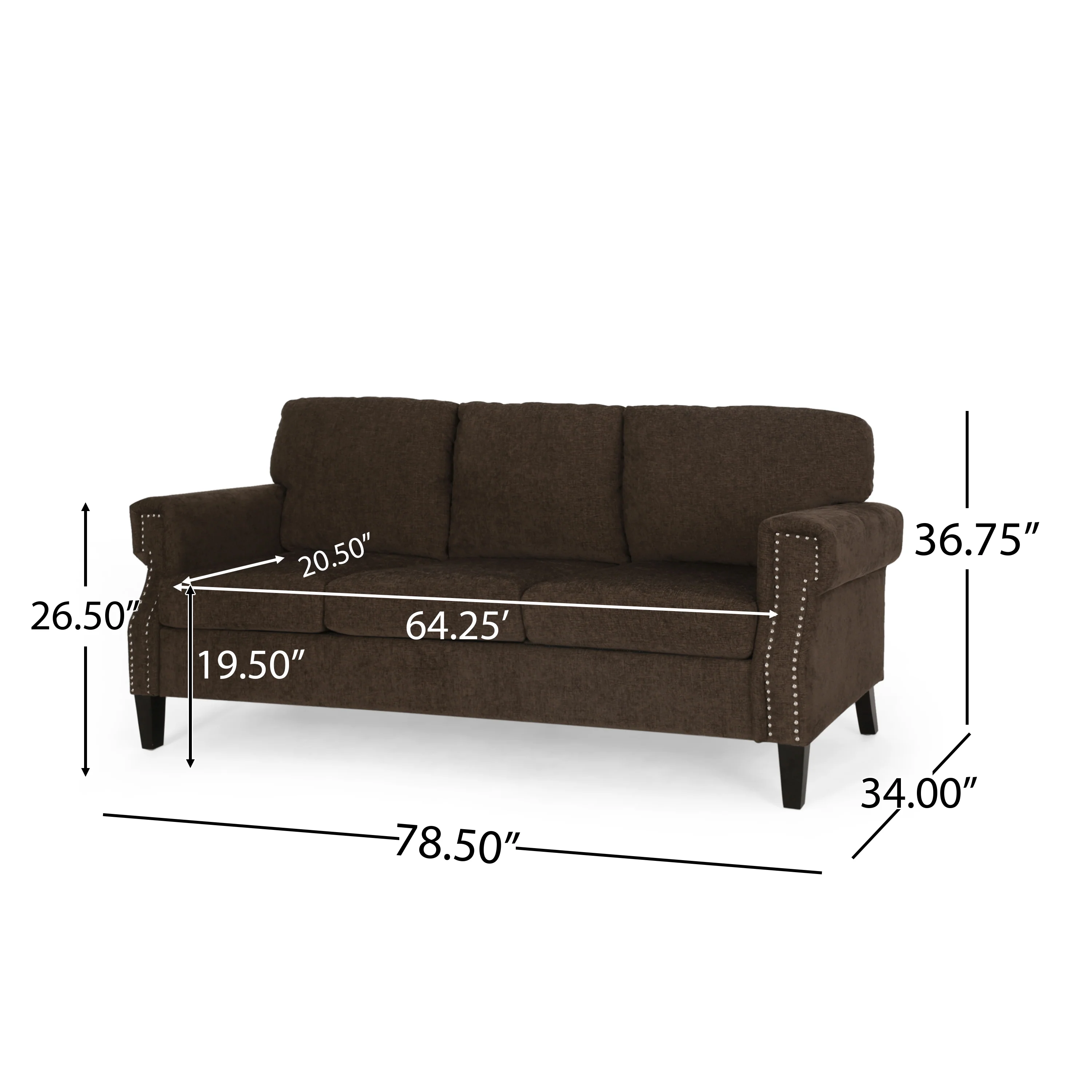 Dobles Contemporary Fabric 3 Seater Sofa with Nailhead Trim - furnishings
