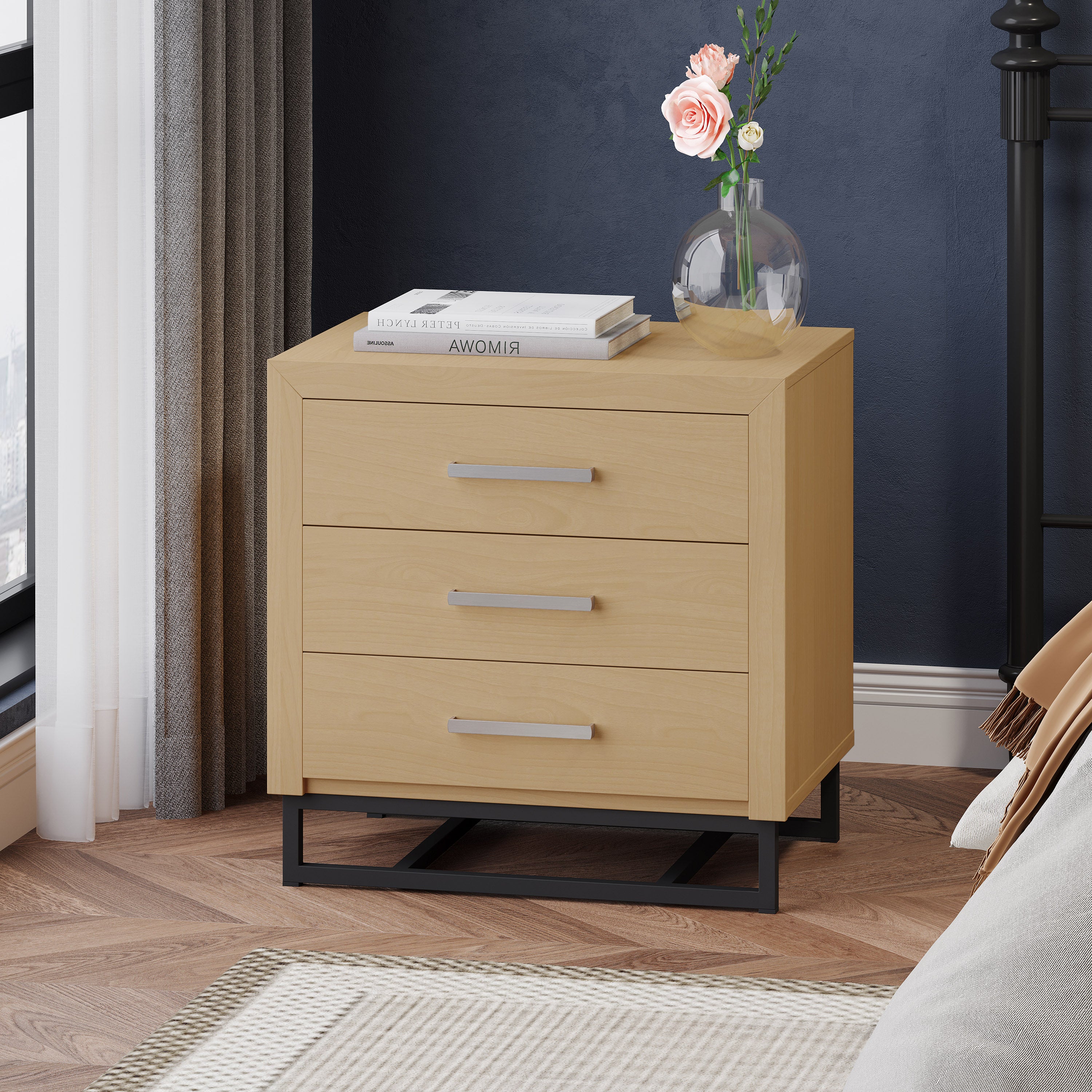 Borah Contemporary Faux Wood 3 Drawer Nightstand, Set of 2 - furnishings