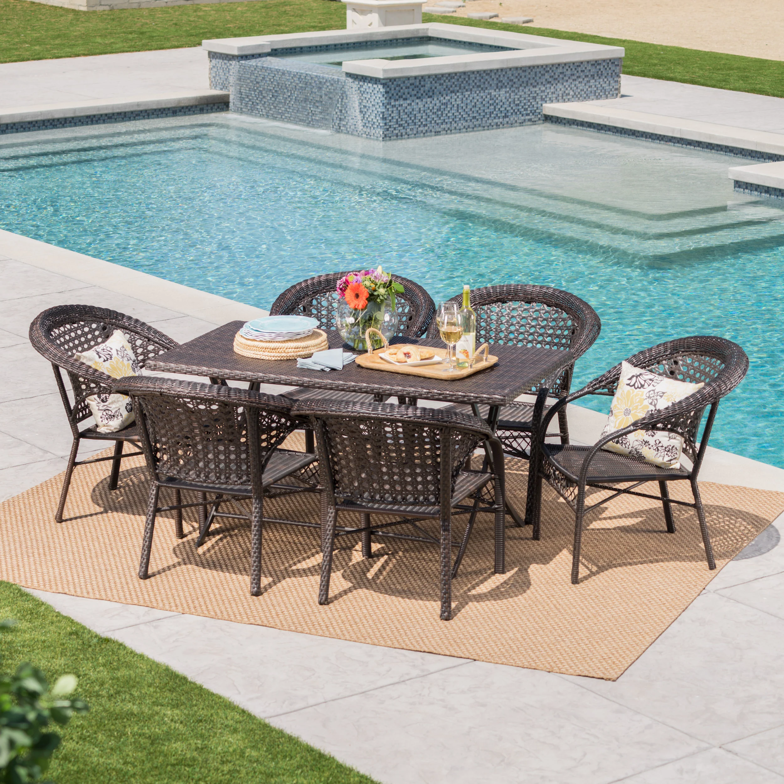 Ursula Outdoor 7 Piece Multi-Brown Wicker Dining Set - furnishings