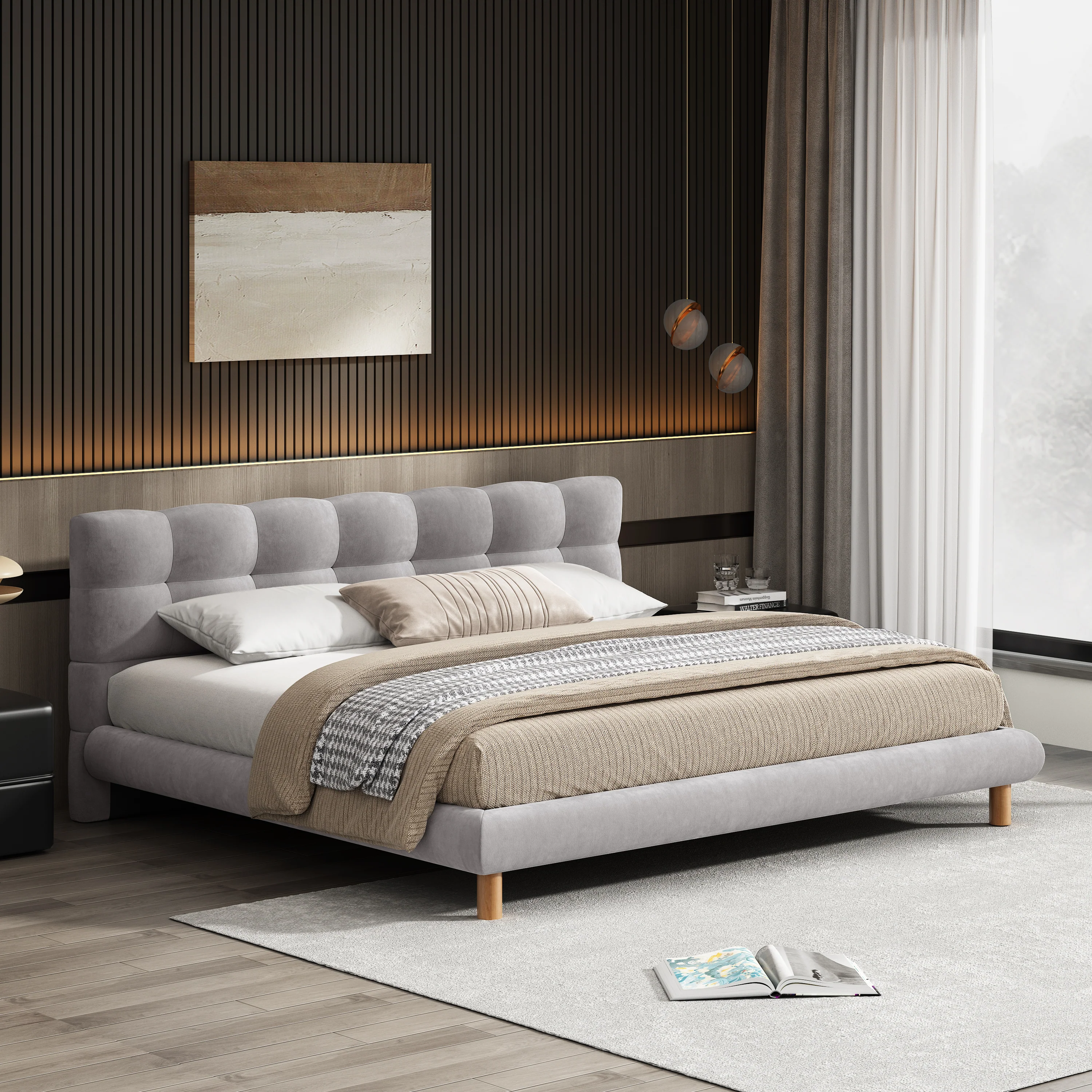 Caldwin Modern Upholstered Chenille Platform Bed with Headboard - furnishings