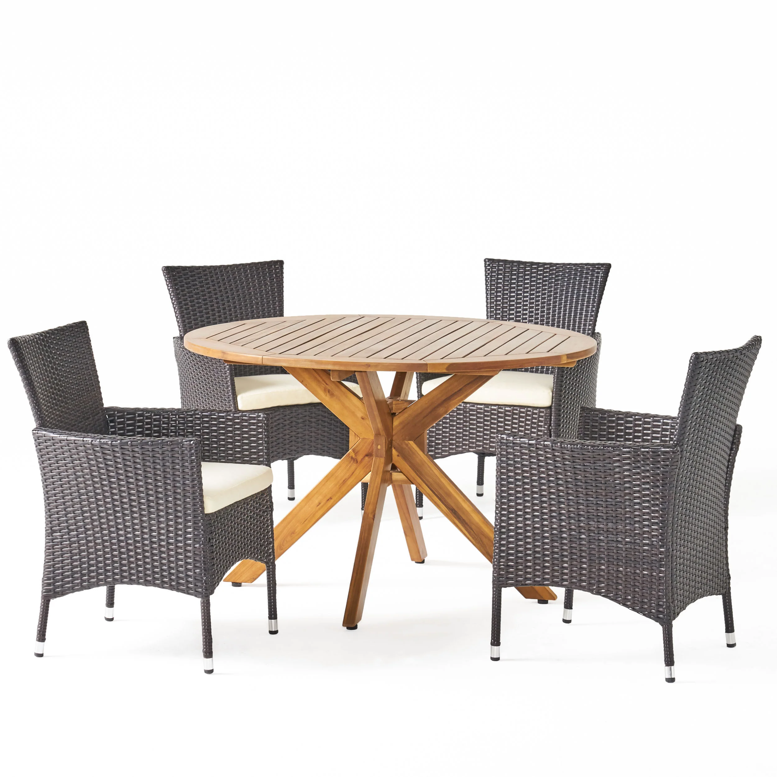 Jacob Outdoor 5 Piece Multibrown Wicker Dining Set with Teak Finish Circular Acacia Wood Dining Table and Beige Water Resistant Cushions - furnishings