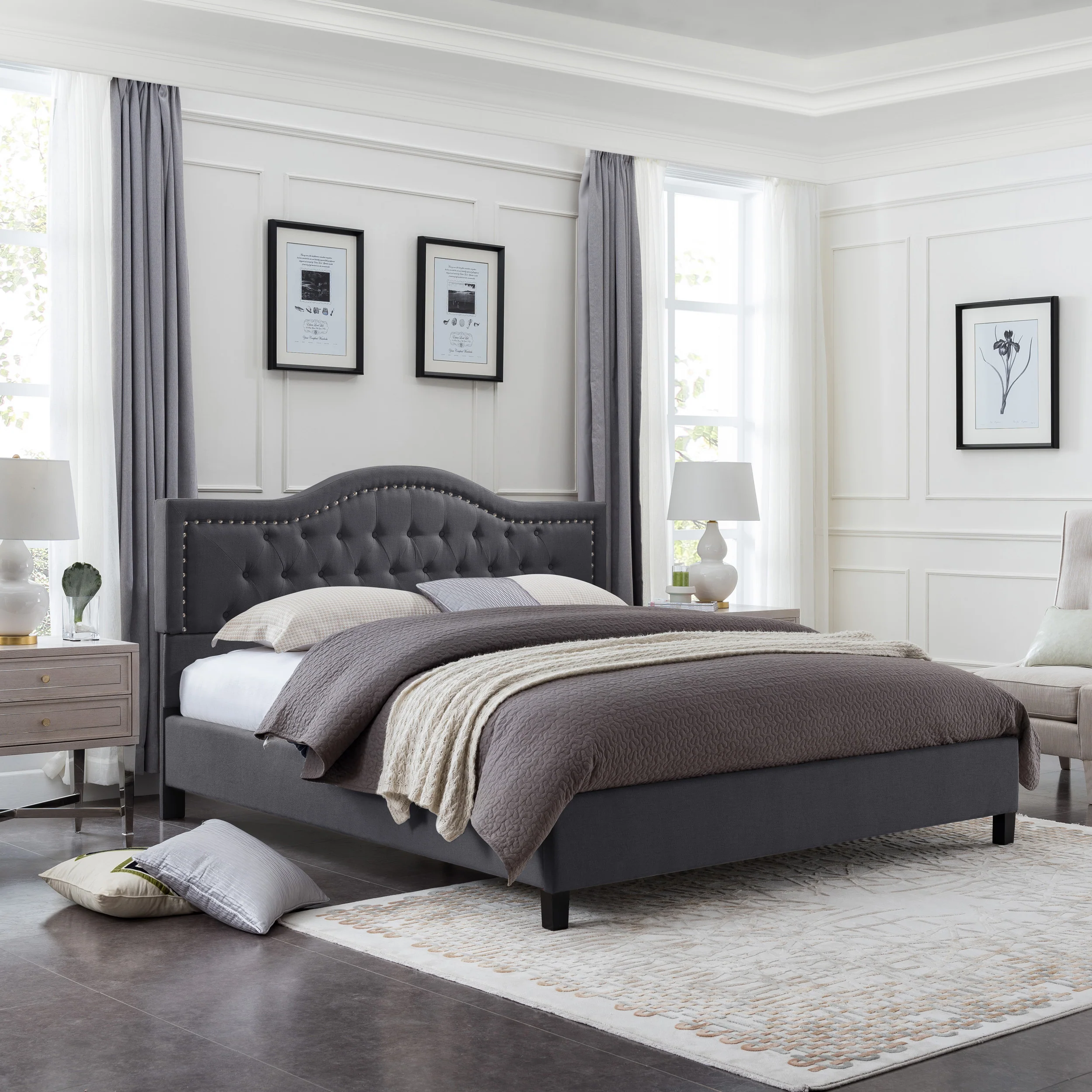 Dante Contemporary Upholstered Bed Set with Nailhead Trim - furnishings