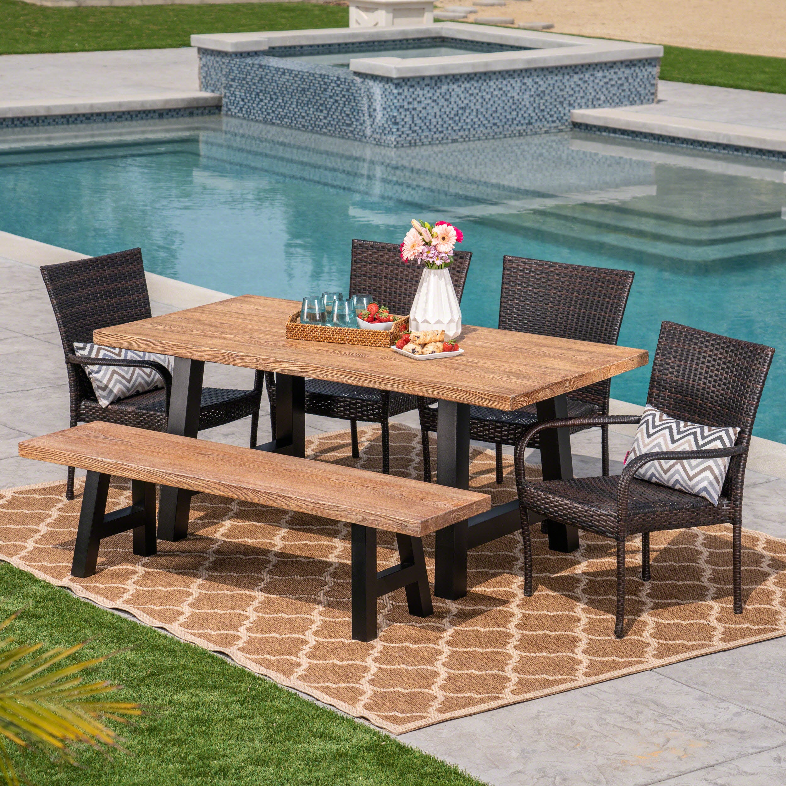 Allison Outdoor 6-Piece Stacking Wicker and Concrete Lightweight Dining Set with Natural Oak Finish in Multibrown - furnishings