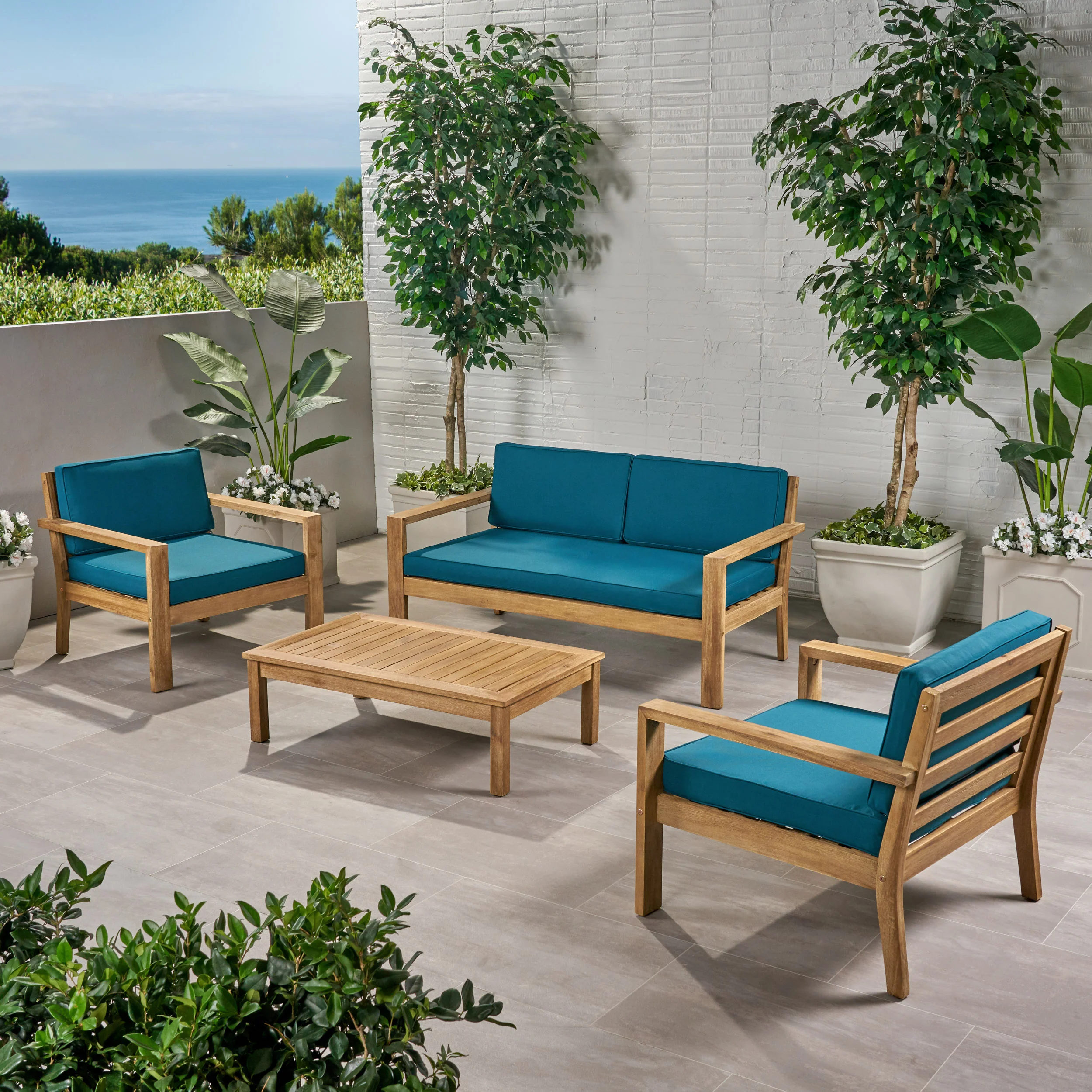 Iris Outdoor 4 Seater Acacia Wood Chat Set with Cushions - furnishings