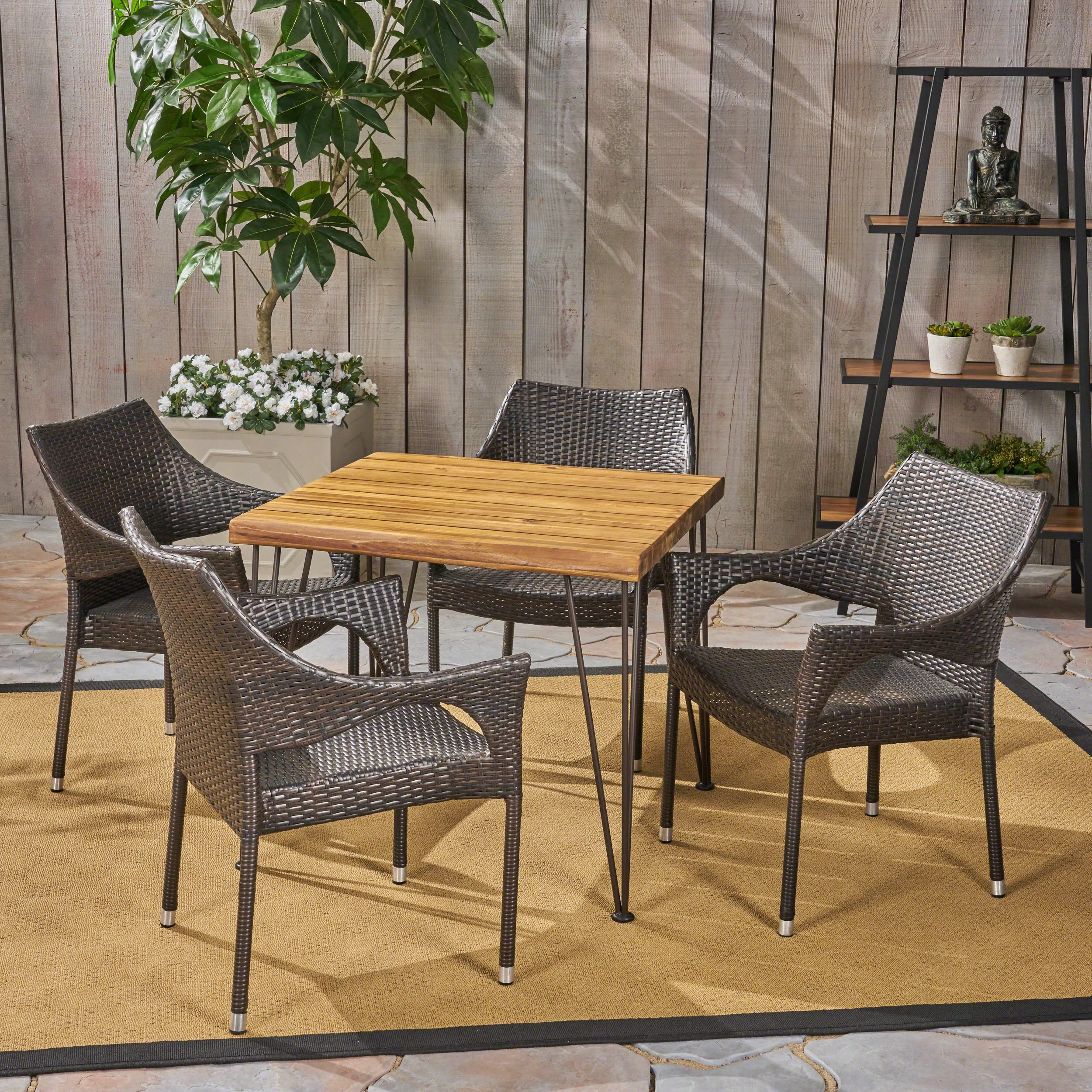 Northside Outdoor Farmhouse Wood and Wicker 5 Piece Square Dining Set, Teak and Multi Brown - furnishings
