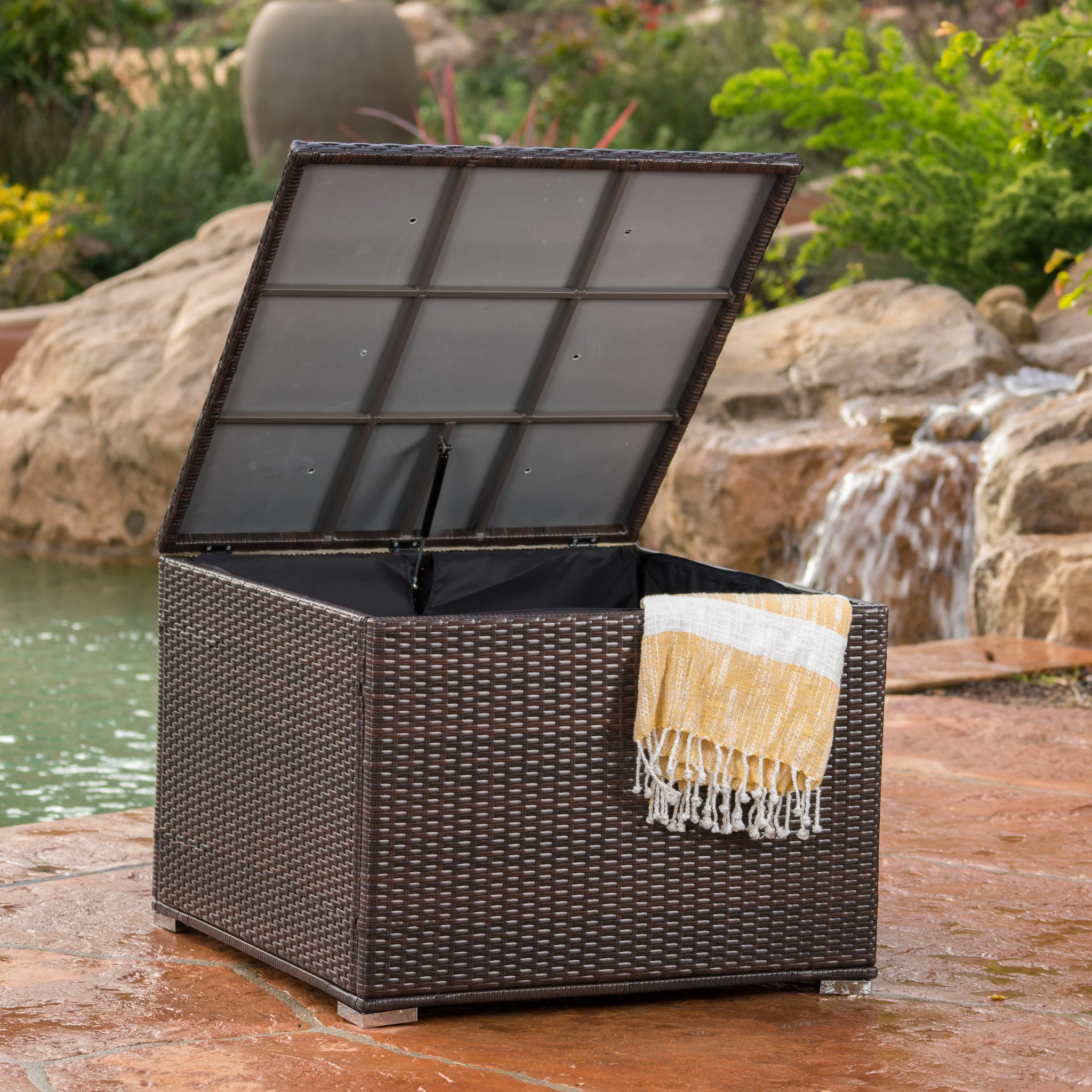 San Louis Obispo Outdoor Square Multi-Brown Wicker Storage Box w/ Zipped Lining - furnishings