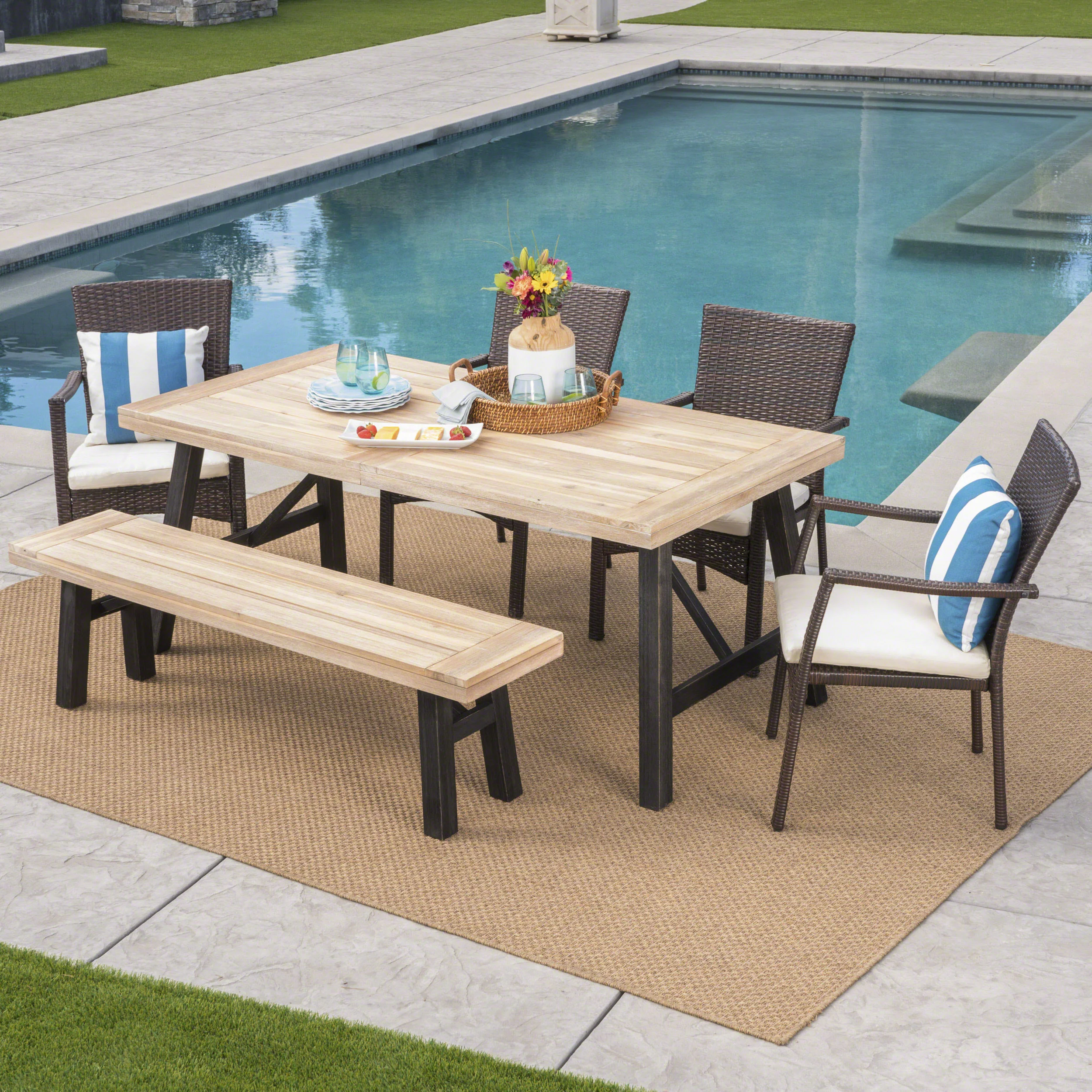 Hollister Outdoor 6 Piece Acacia Wood Dining Set with Wicker Dining Chairs - furnishings