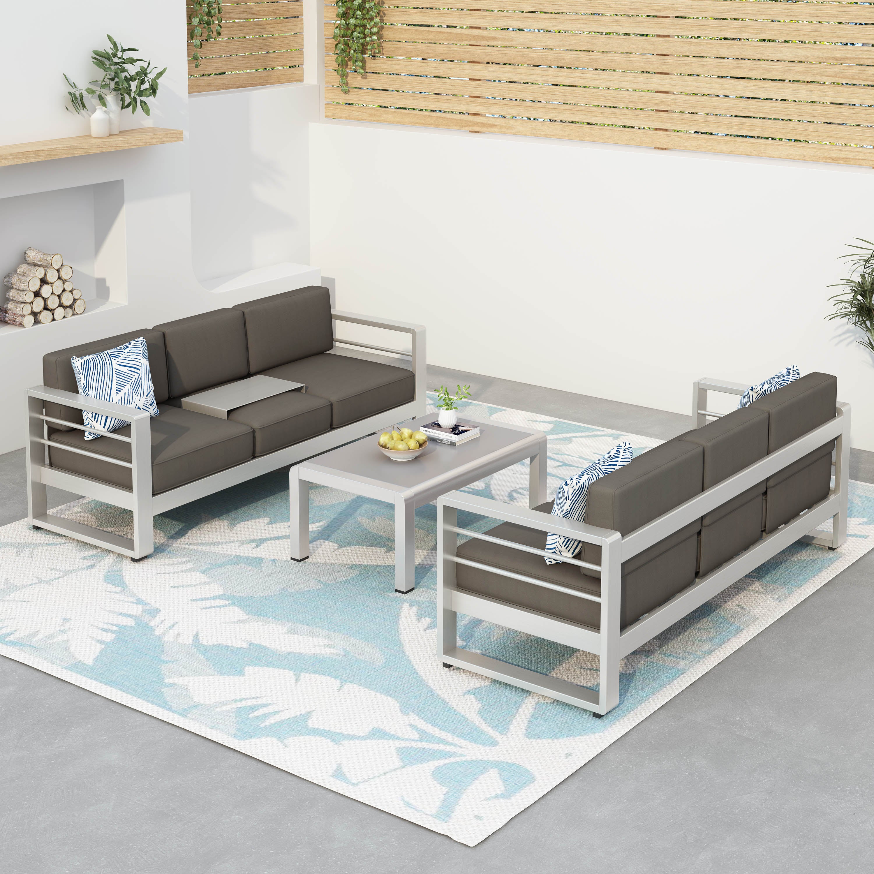 Crested Bay Outdoor Aluminum 3-Piece Sofa Set with Khaki Cushions - furnishings