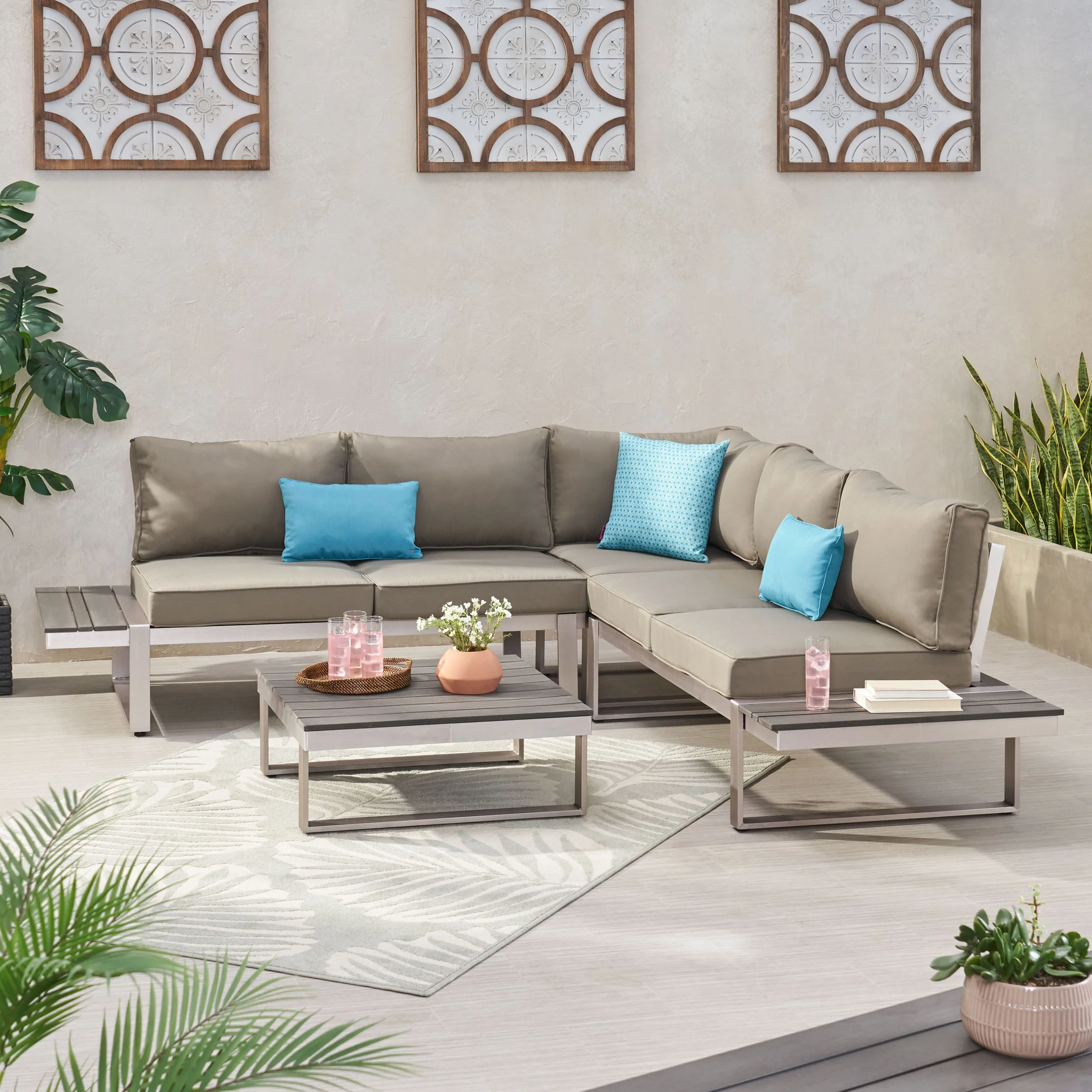 Johana Outdoor Aluminum V-Shaped 5 Seater Sofa Set with Cushions - furnishings
