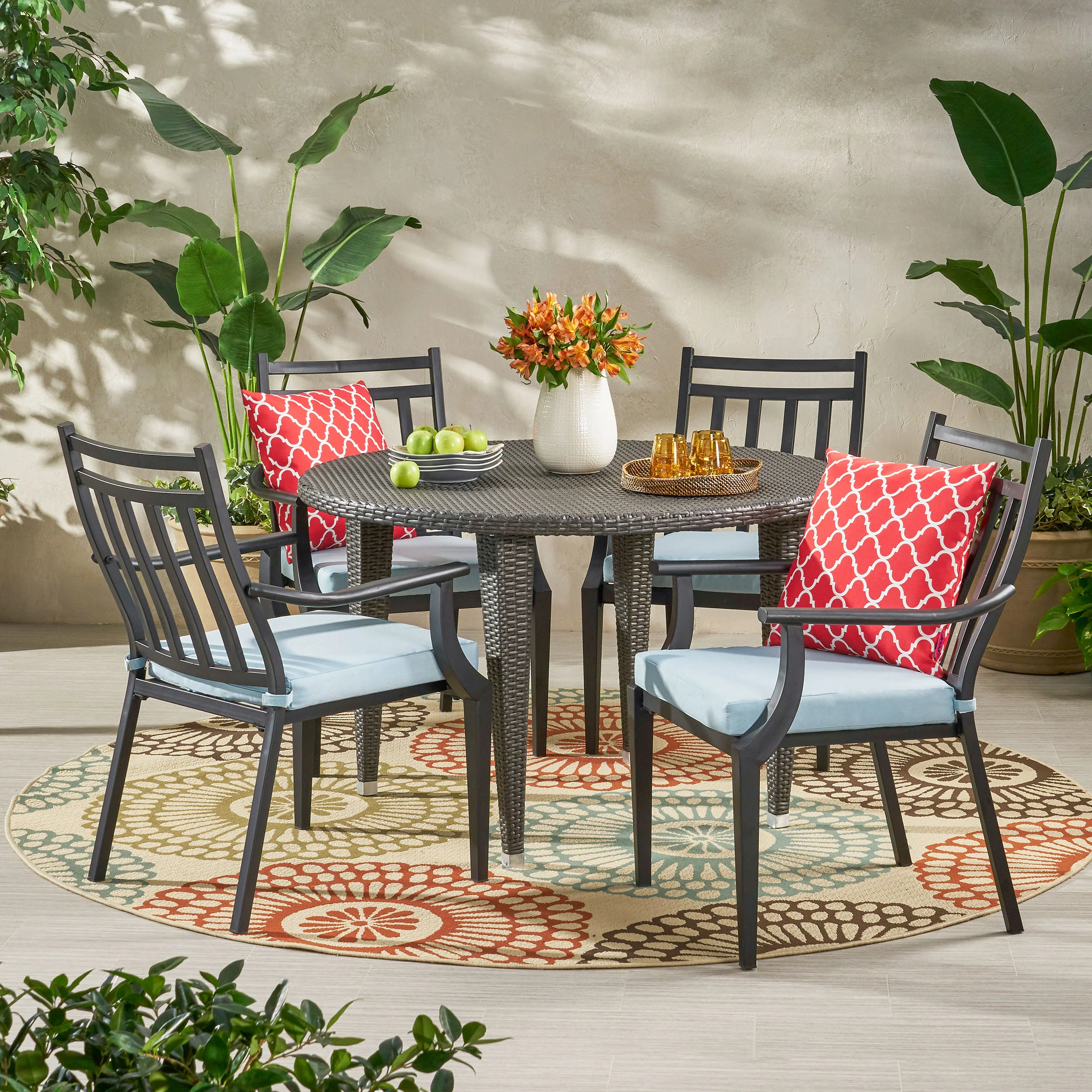 Olive Outdoor 5 Piece Dining Set with Wicker Table - furnishings