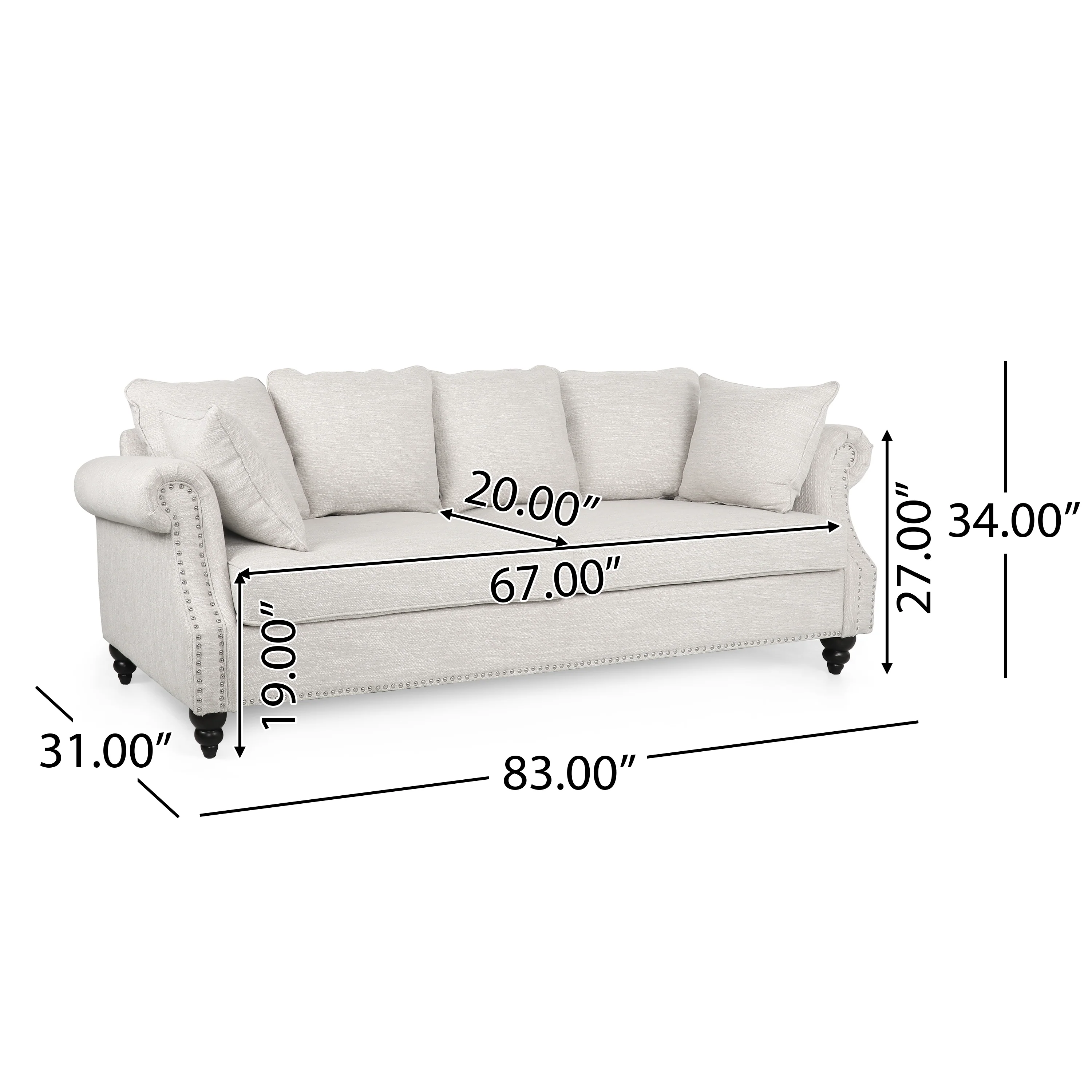 Bonny Contemporary Fabric Pillowback 3 Seater Sofa with Nailhead Trim - furnishings