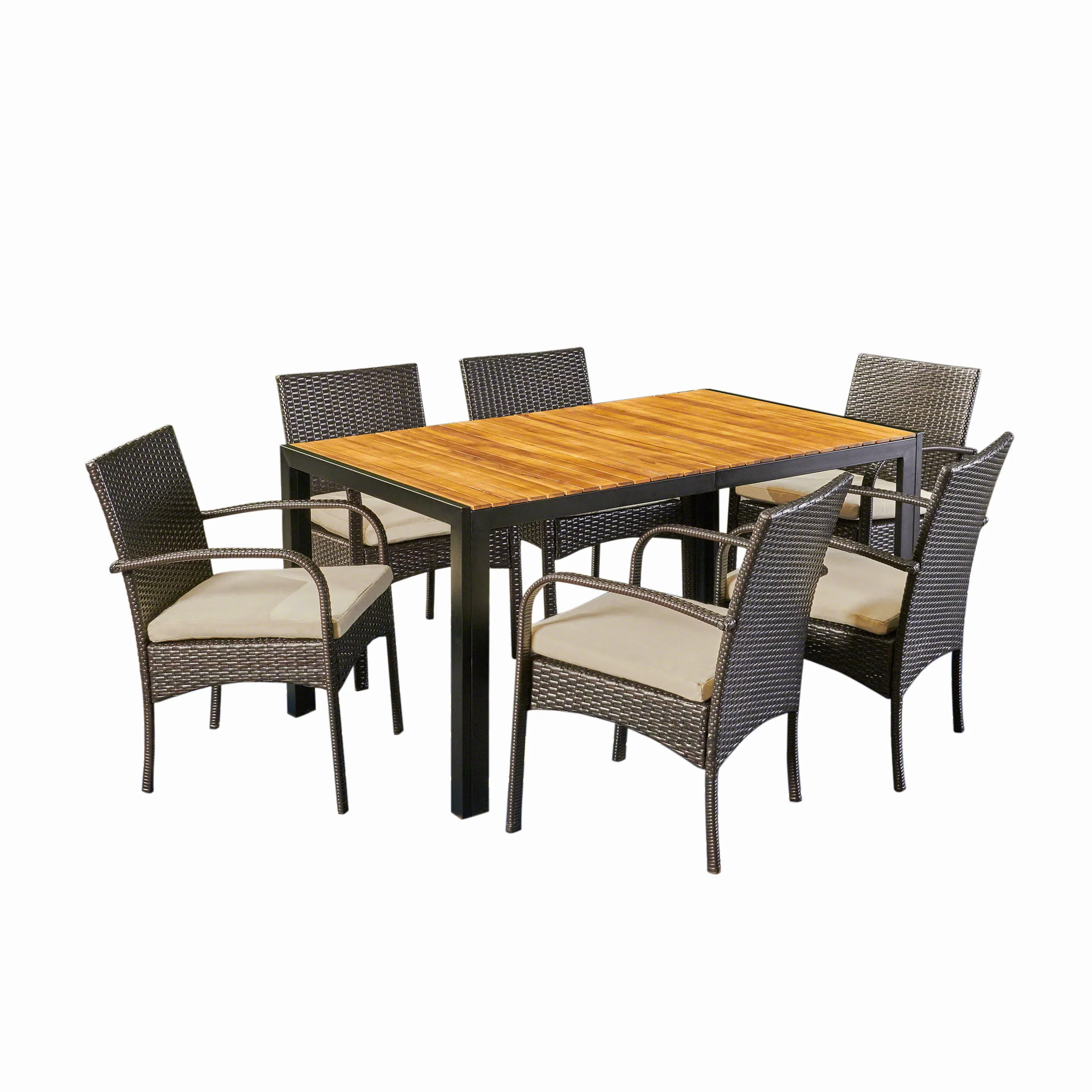 Quintina Outdoor 6-Seater Rectangular Acacia Wood and Wicker Dining Set, Teak with Black and Brown with Cream - furnishings
