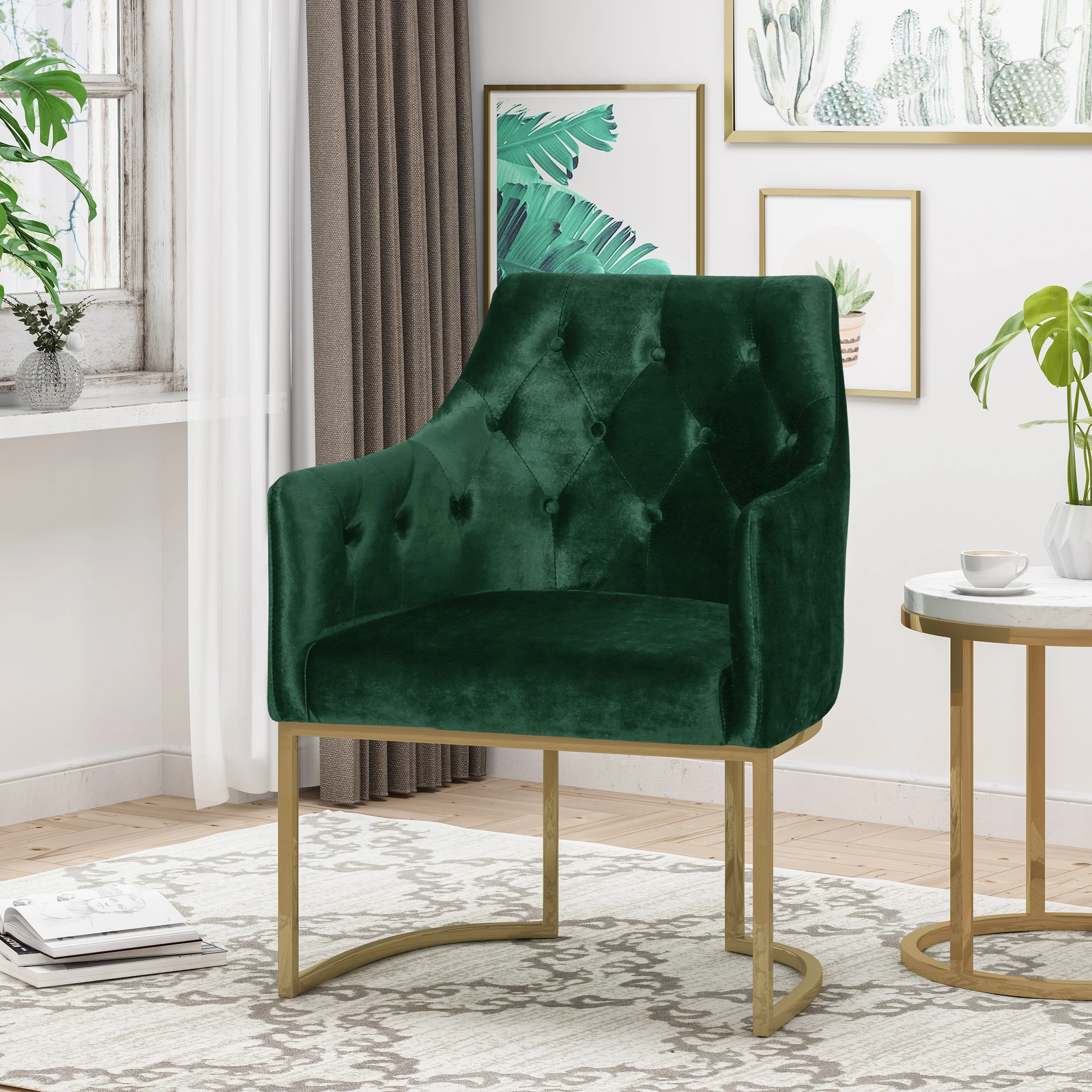 Fern Modern Tufted Glam Accent Chair with Velvet Cushions and U-Shaped Base - furnishings