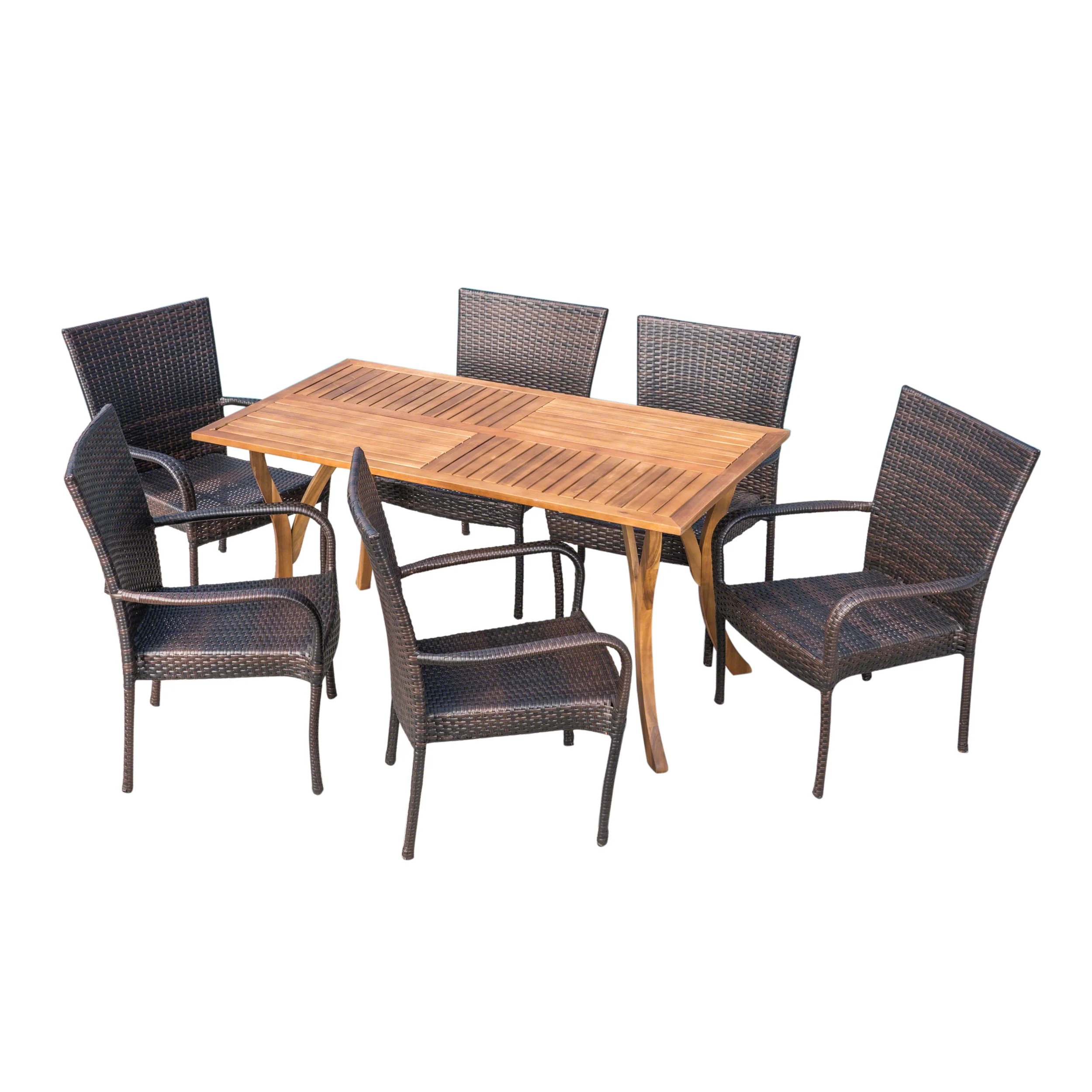 Yolanda Outdoor 7 Piece  Acacia Wood/ Wicker Dining Set, Teak Finish and Multibrown - furnishings