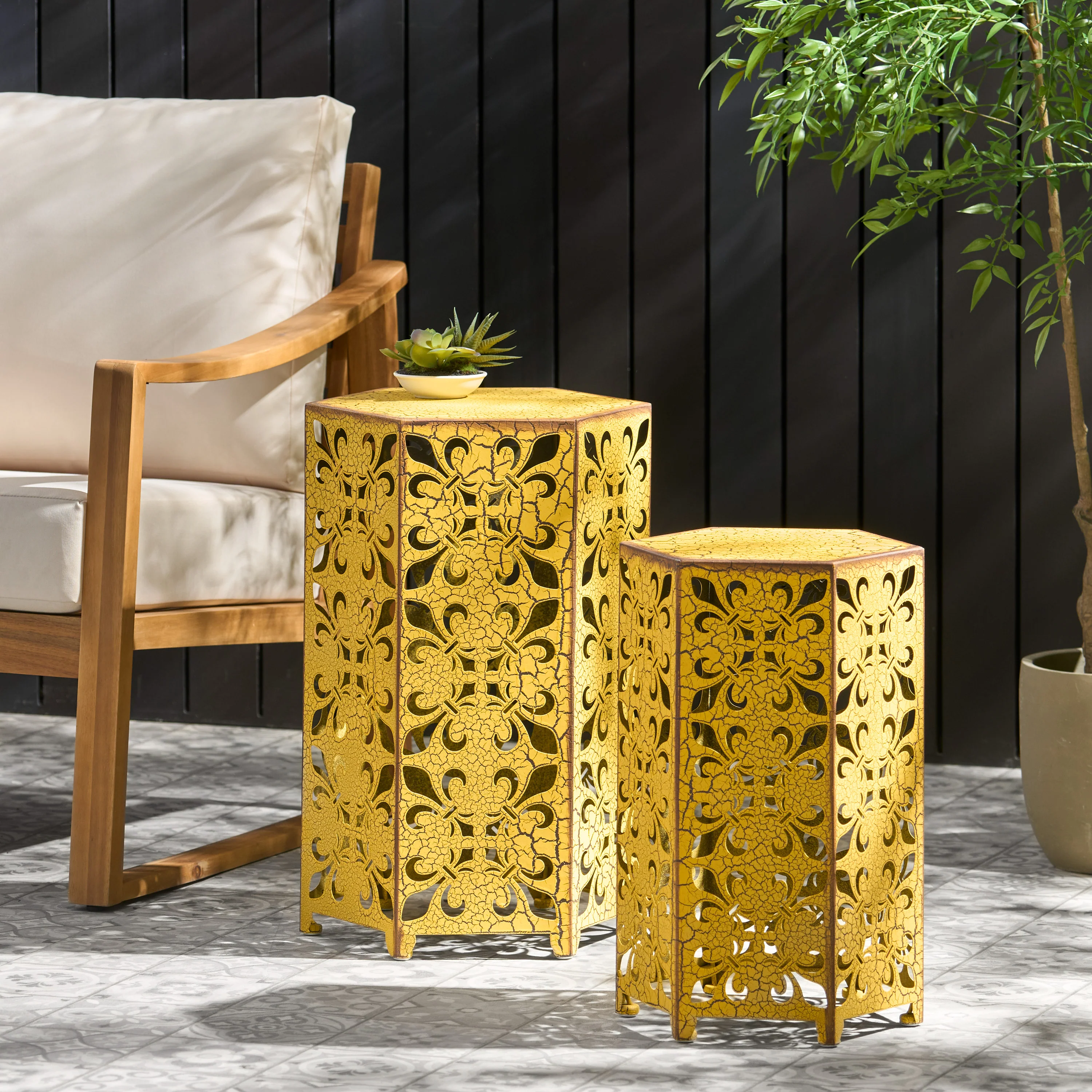 Contemporary Outdoor Hexagonal Antique Yellow Iron Accent Tables (Set of 2) - furnishings